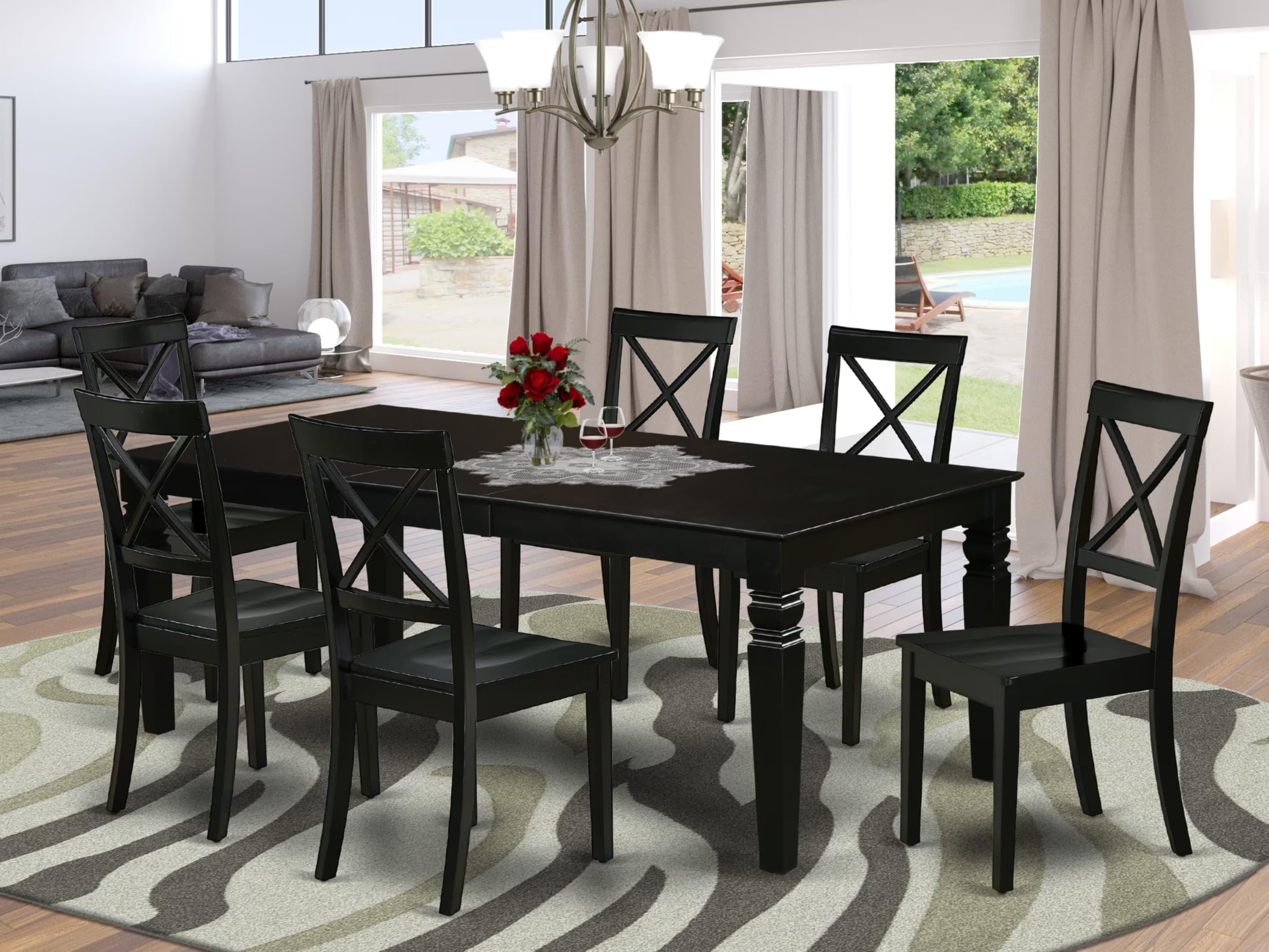 East West Furniture Lgbo7-Blk-W 7 Piece Dining Set Consist Of A Rectangle Dining Room Table With Butterfly Leaf And 6 Wood Seat Chairs, 42X84 Inch, Black