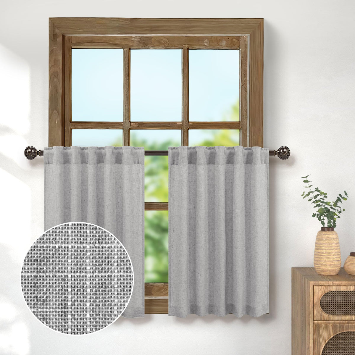 Light Grey Kitchen Curtains 24 Inch Length 2 Panels Back Tab Pocket Natural Linen Light Filtering Sheer Short Curtains For Small