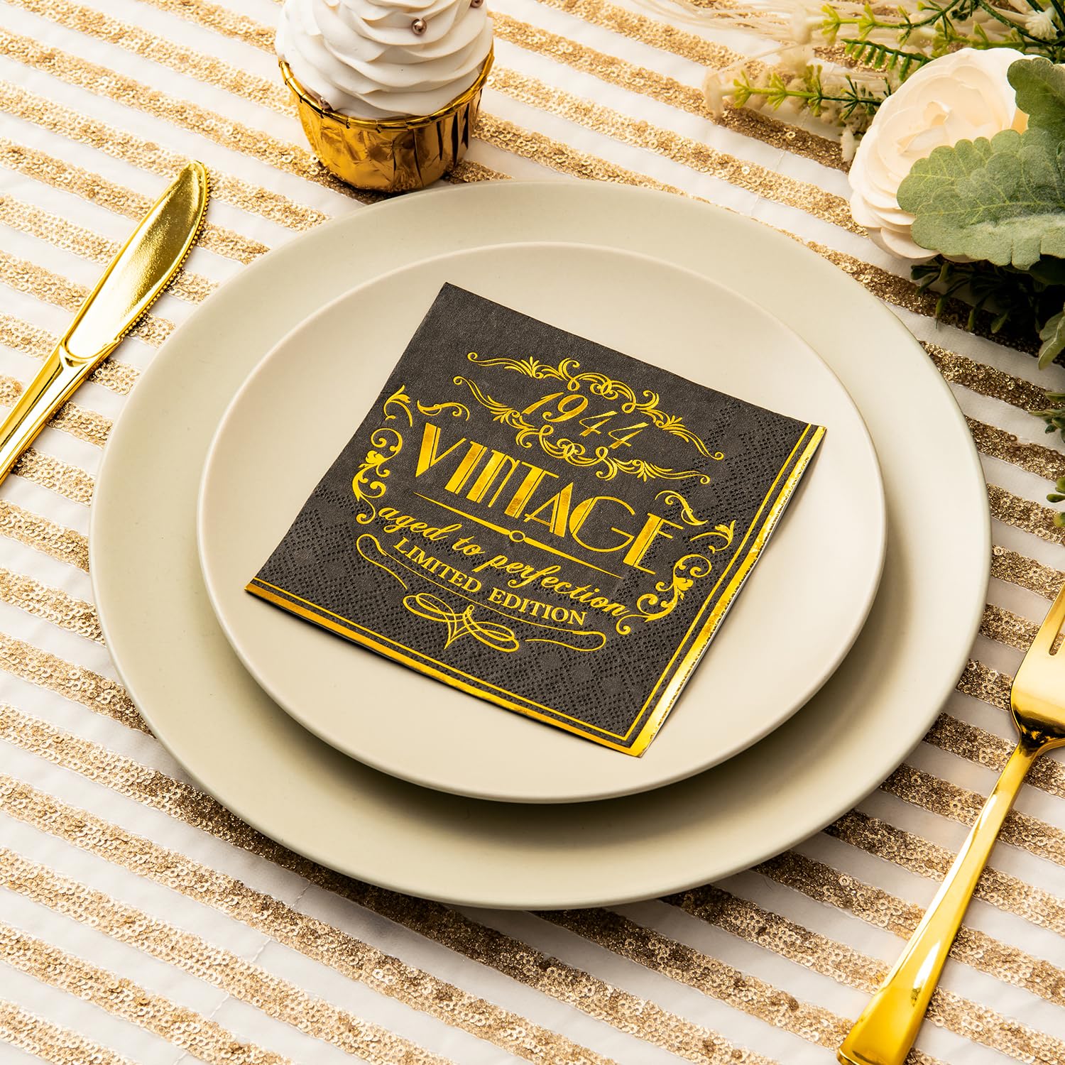 Crisky 80Th Birthday Napkins For Men 80Th Birthday Table Decorations Black Gold Vintage 1944 Beverage Dessert Cake Table Decorat