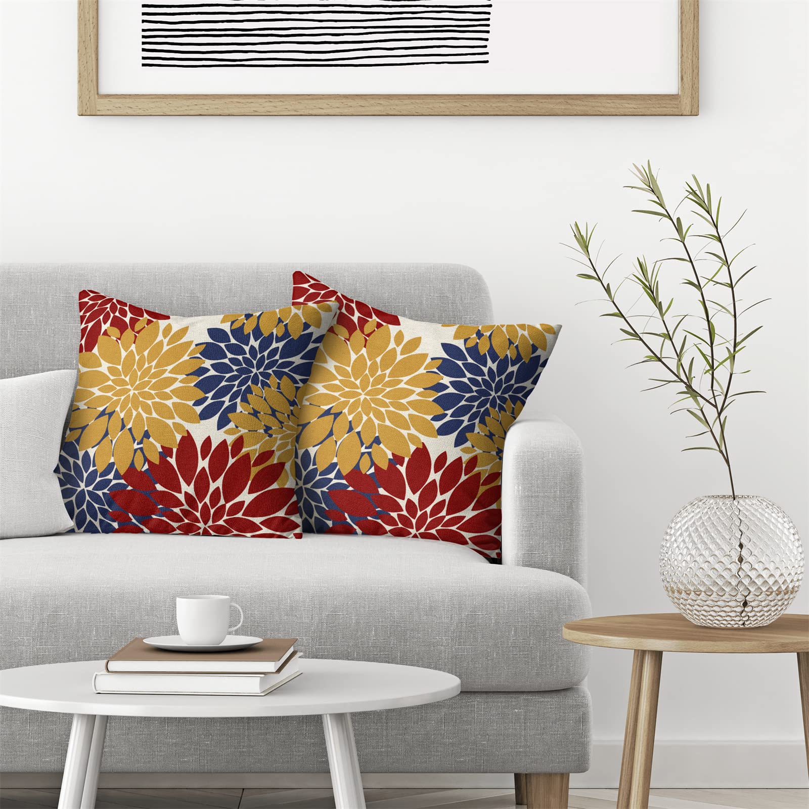 Cxmeifly Mustard Yellow Red Navy Blue Pillow Covers 18X18 Inch Set Of 2 Dahlia Floral Decor Throw Pillows Summer Modern Geometry