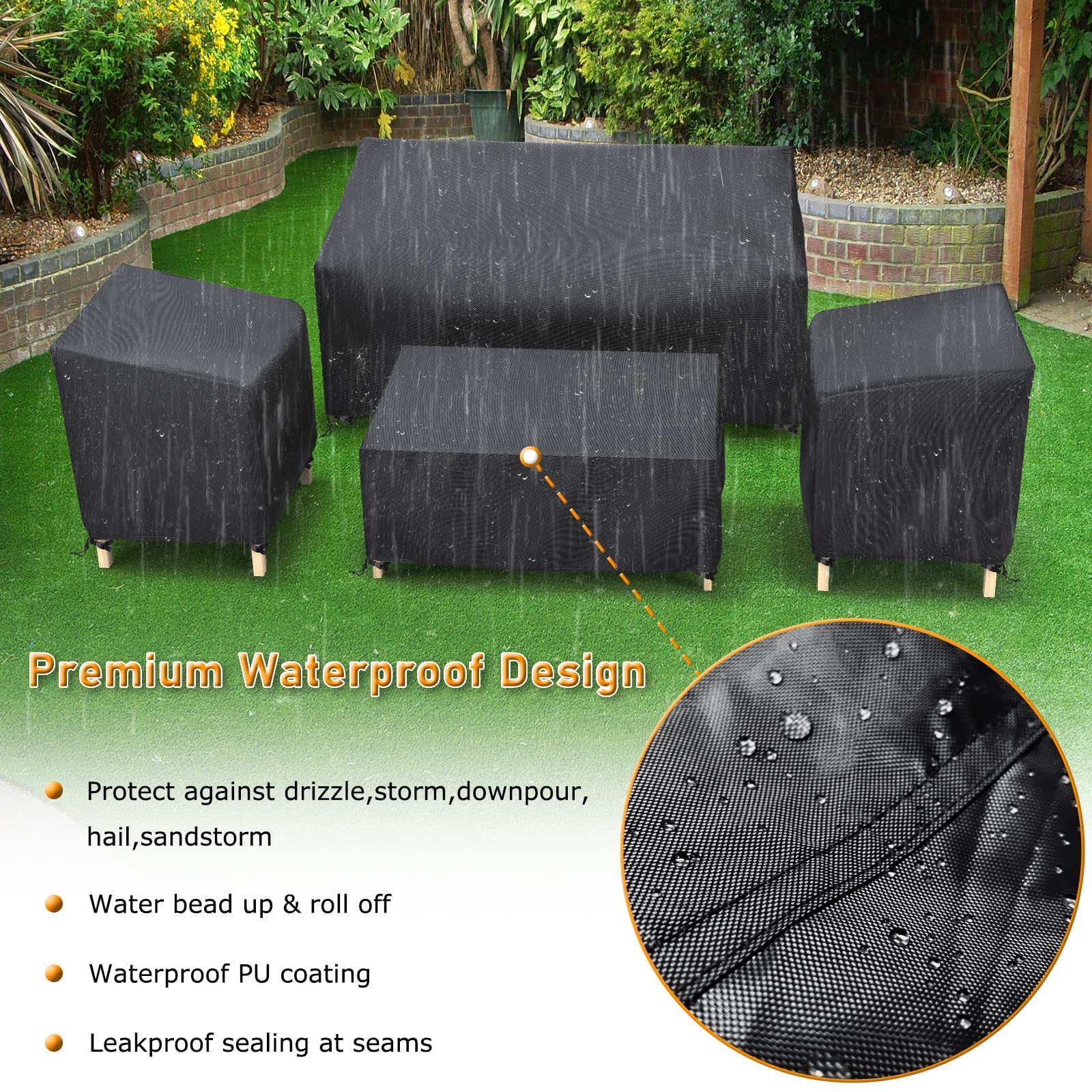 Startwo Outdoor Patio Furniture Cover Waterproof 4-Piece Set For Chairs 32In, Loveseat 56In, Coffee Table 45In, Heavy Duty 500D, Black