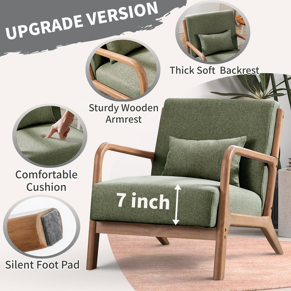 Anjhome Mid Century Modern Accent Chair, Comfy Fabric Reading Chair With Solid Wood Frame, Easy Assembly Armchair For Living Room Blackish Green