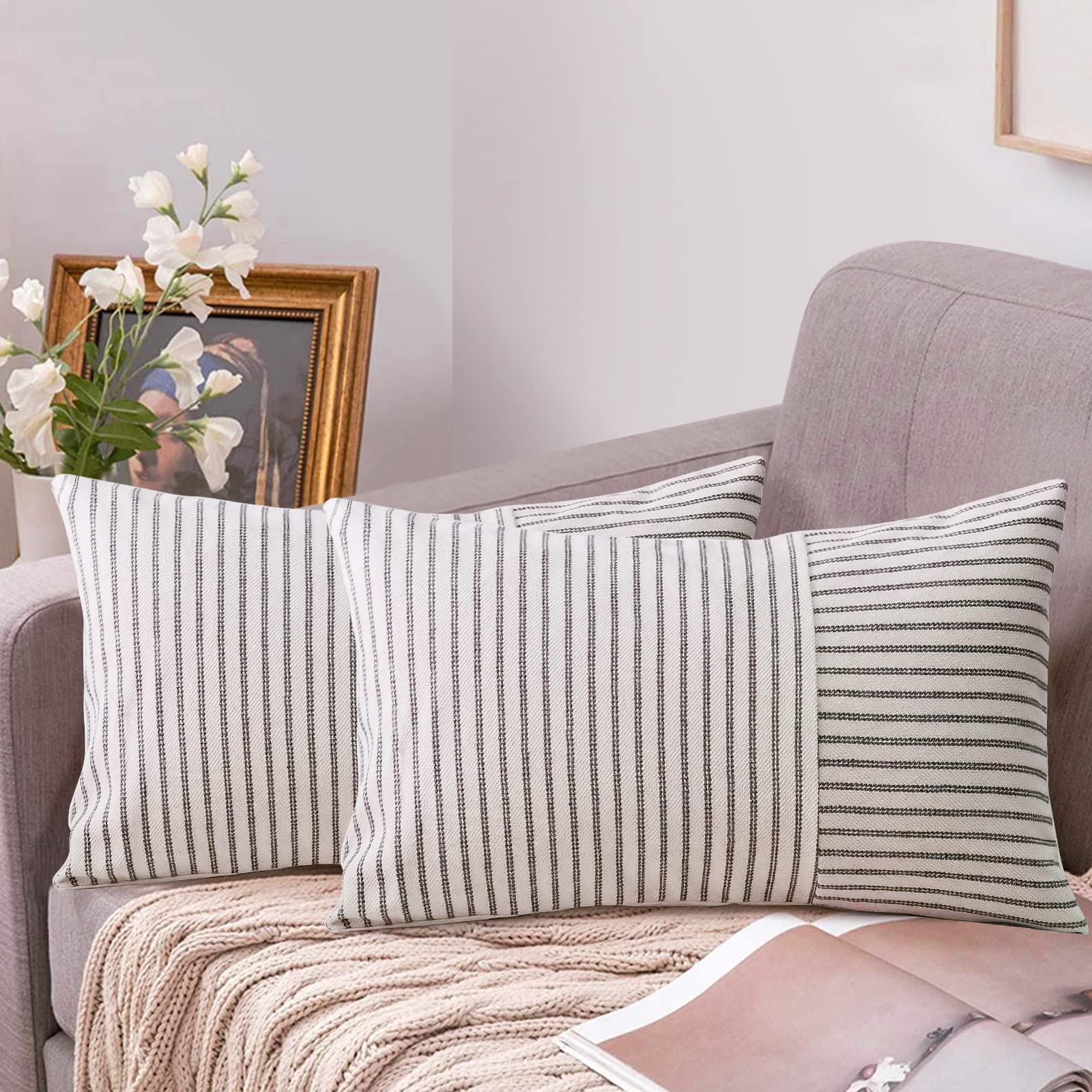 Farmhouse Pillow Covers 12X20, Modern Accent Lumbar Throw Pillow Covers Set Of 2, Grey And Beige Striped Patchwork Linen Decorat