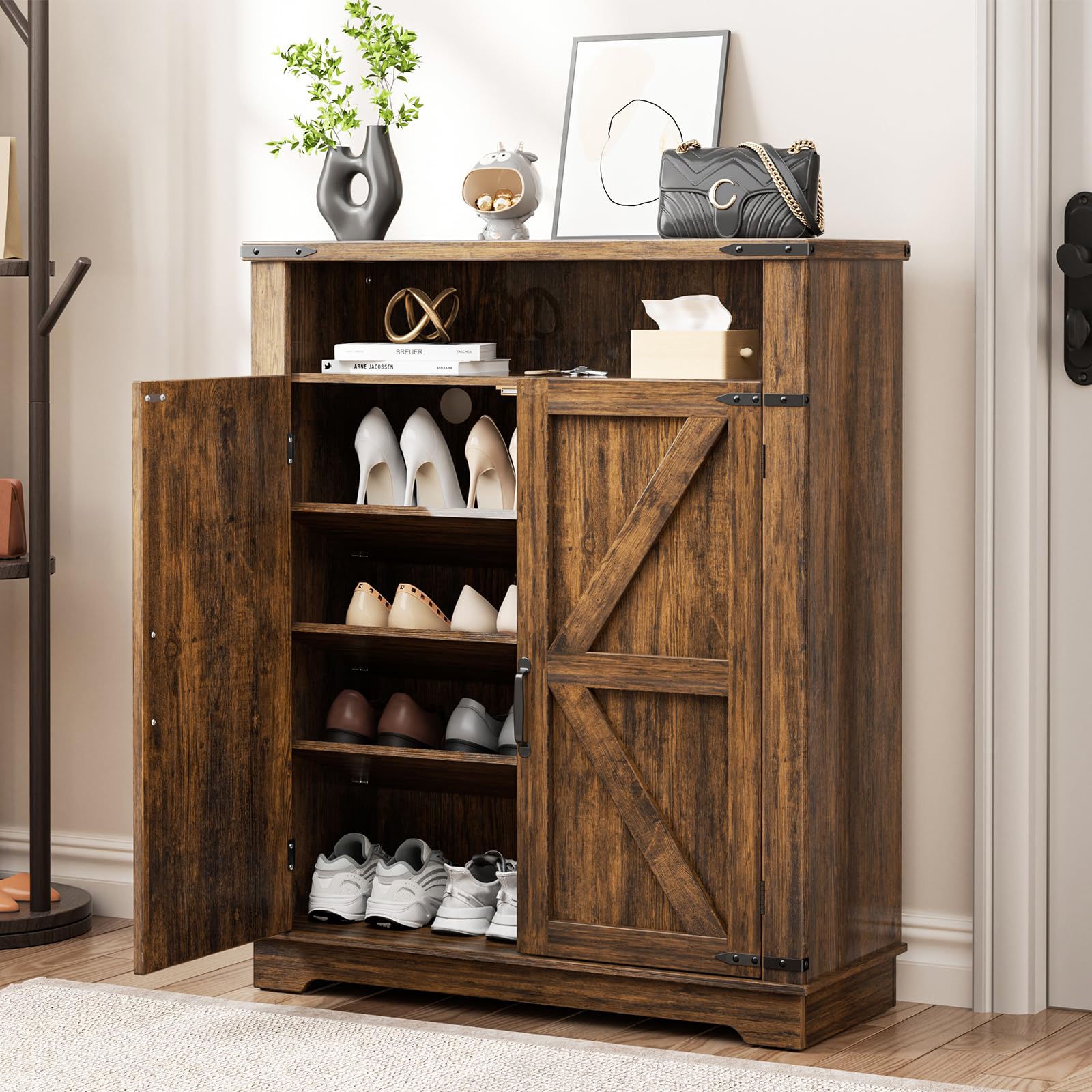ALLSTAND 6-Tier Shoe Cabinet with Doors, Entryway Shoe Rack Wooden Shoe Storage Cabinet with Adjustable Shelves & Anti-tip Fitti