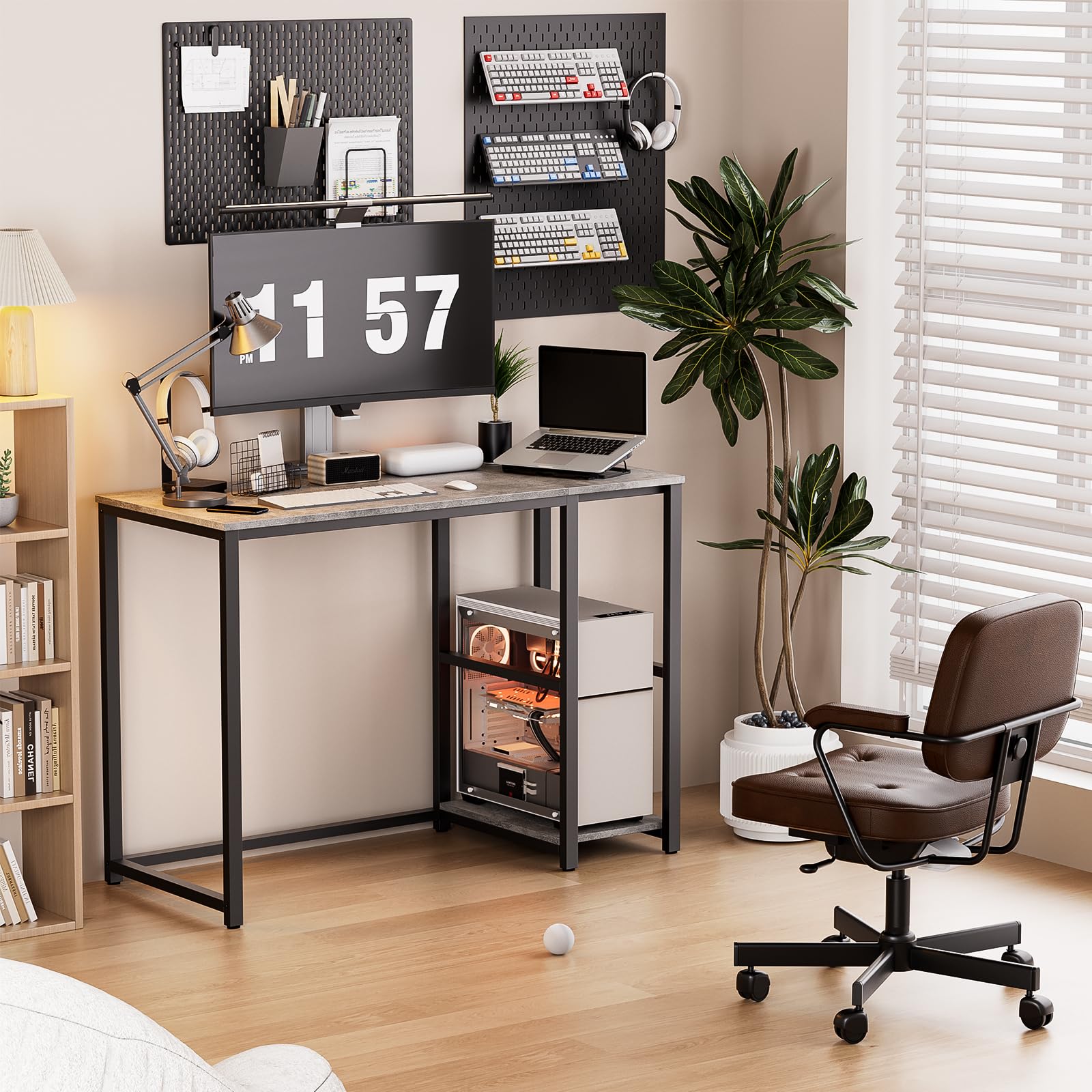 Sinpaid Computer Desk 40 Inches With 2-Tier Shelves Sturdy Home Office Desk With Large Storage Space Modern Gaming Desk Study Writing Laptop Table, Gray Desk