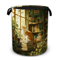 Cozy Cat Library Collapsible Laundry Hamper for Bedroom, Freestanding Oxford Clothes Basket, Large Foldable Storage Bin with Eas