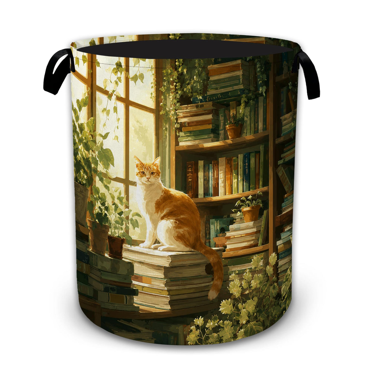 Cozy Cat Library Collapsible Laundry Hamper for Bedroom, Freestanding Oxford Clothes Basket, Large Foldable Storage Bin with Eas