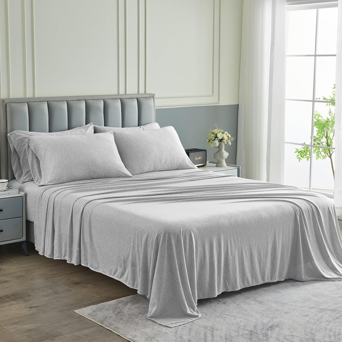 Pure Bedding Bed Sheets - Queen Sheet Set [6-Piece, Heather Light Grey] - Hotel Luxury 1800 Brushed Microfiber - Soft And Breath