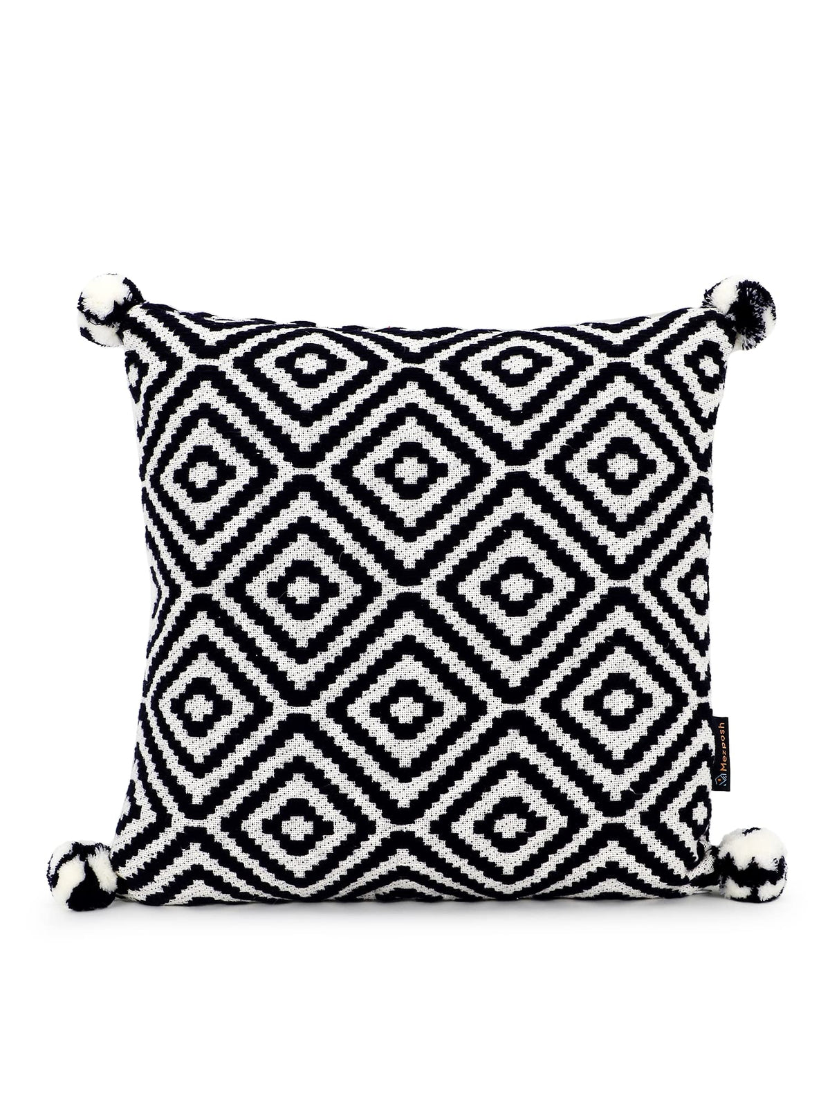 Mezposh Lemon Diamond Embroidered Cotton Acrylic Cushion Cover (16X16) (Navy Blue & Off White)