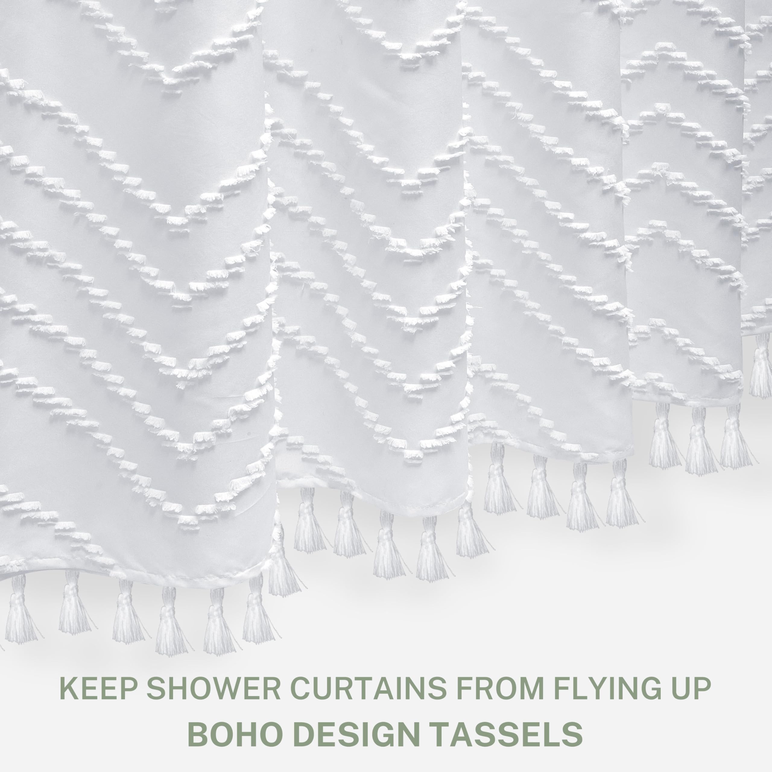 Stall Boho Shower Curtain White Tassel Woven Fabric Shower Curtain 48 X 72 Modern Farmhouse Textured Tufted Chevron Striped Mini