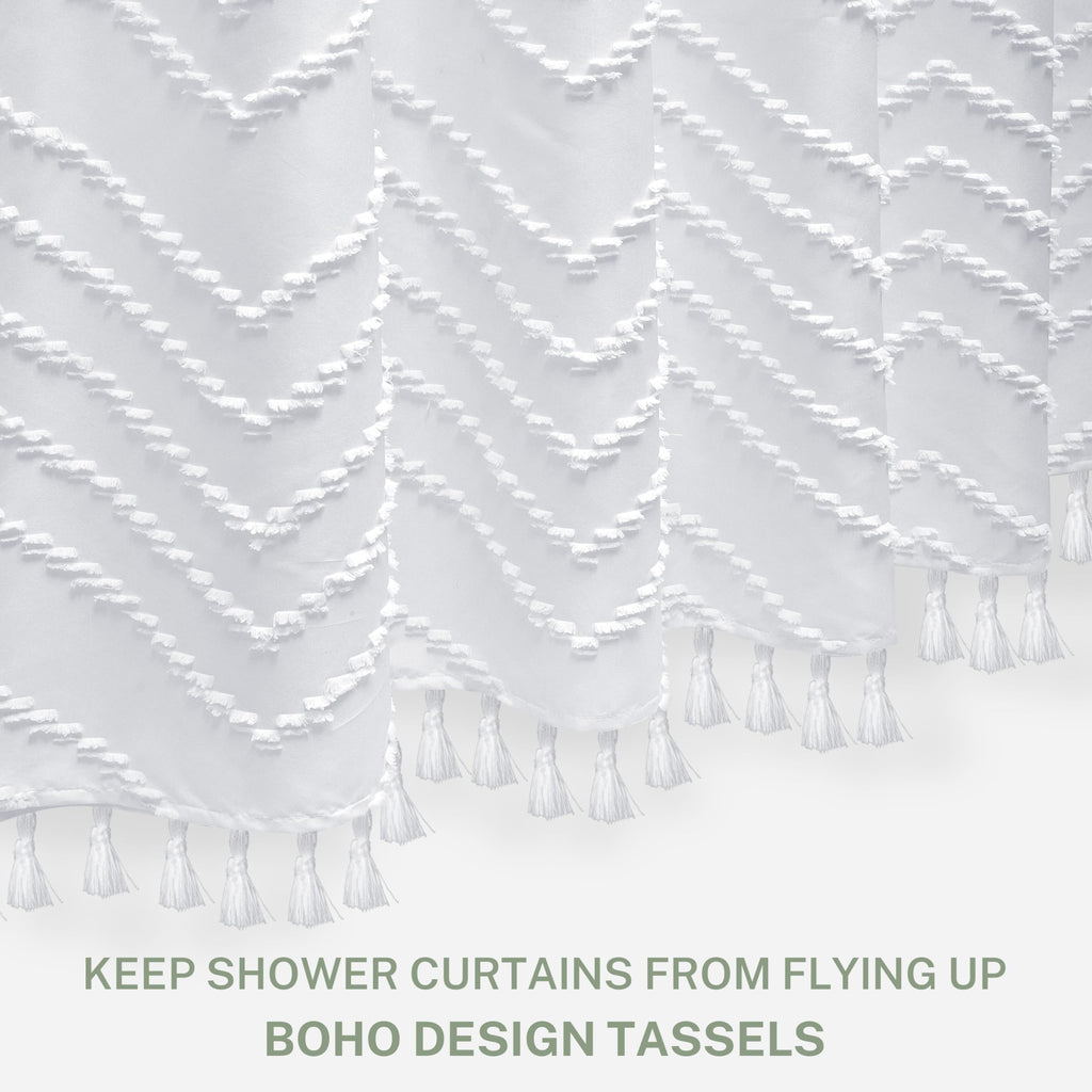 Boho Shower Curtain White Tassel Woven Fabric Shower Curtain 71 X 72 Modern Farmhouse Textured Tufted Chevron Striped Minimalist
