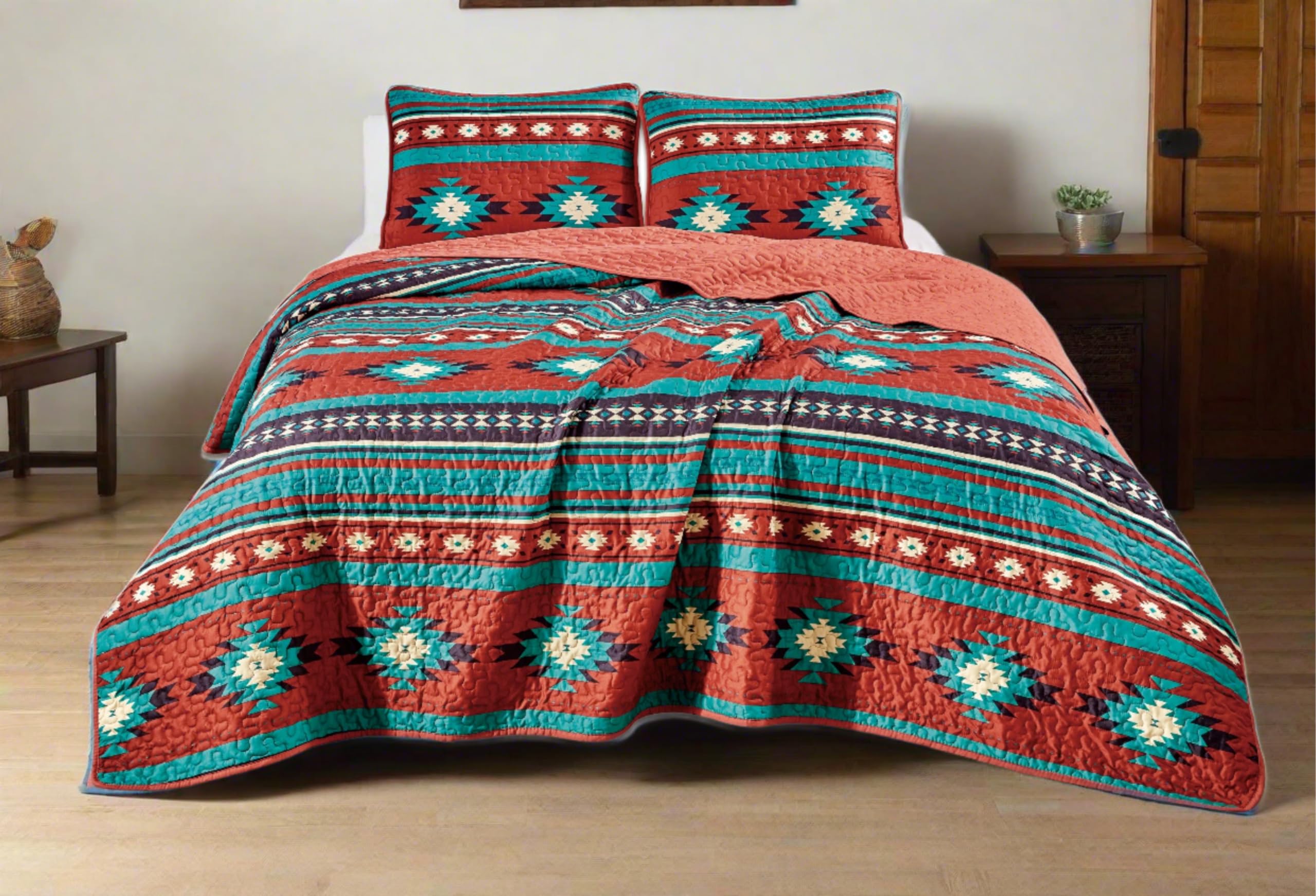Chezmoi Collection 3-Piece Southwestern Geometric Tribal Quilt Set - Multicolor Red Teal Beige Lightweight Quilted Bedspread Set
