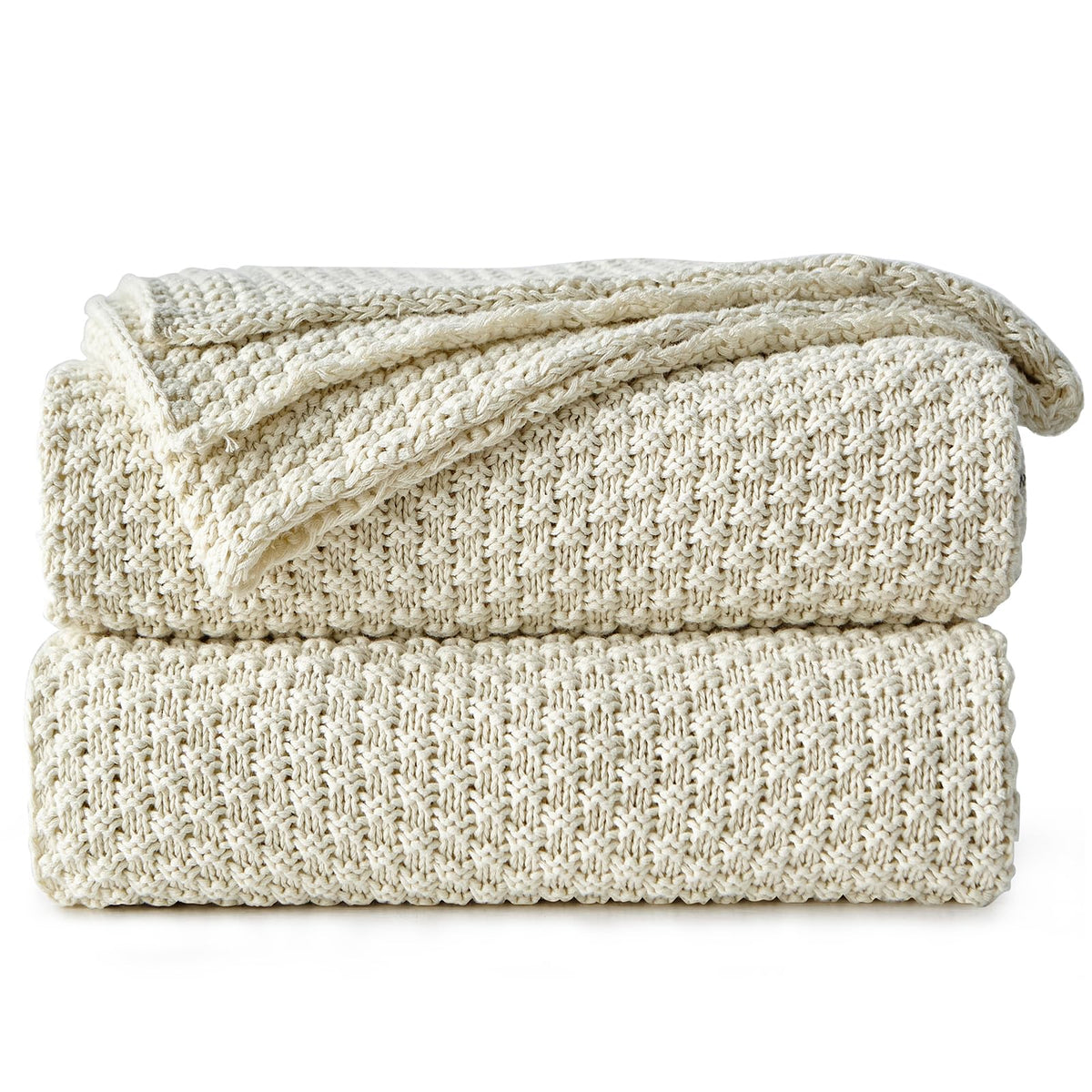 Longhui Bedding Cream Knitted Cotton Throw Blanket For Couch, Soft, Cozy Machine Washable 100% Cotton Sofa Cable Knit Blankets,