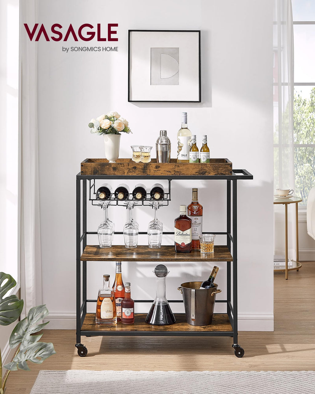 Vasagle Kitchen Serving Cart With Removable Tray, 3-Tier Kitchen Utility Cart On Wheels With Storage, With Brakes, Leveling Feet, 15.7 X 34.6 X 37.8 Inches, Rustic Brown And Black Ulrc093B01