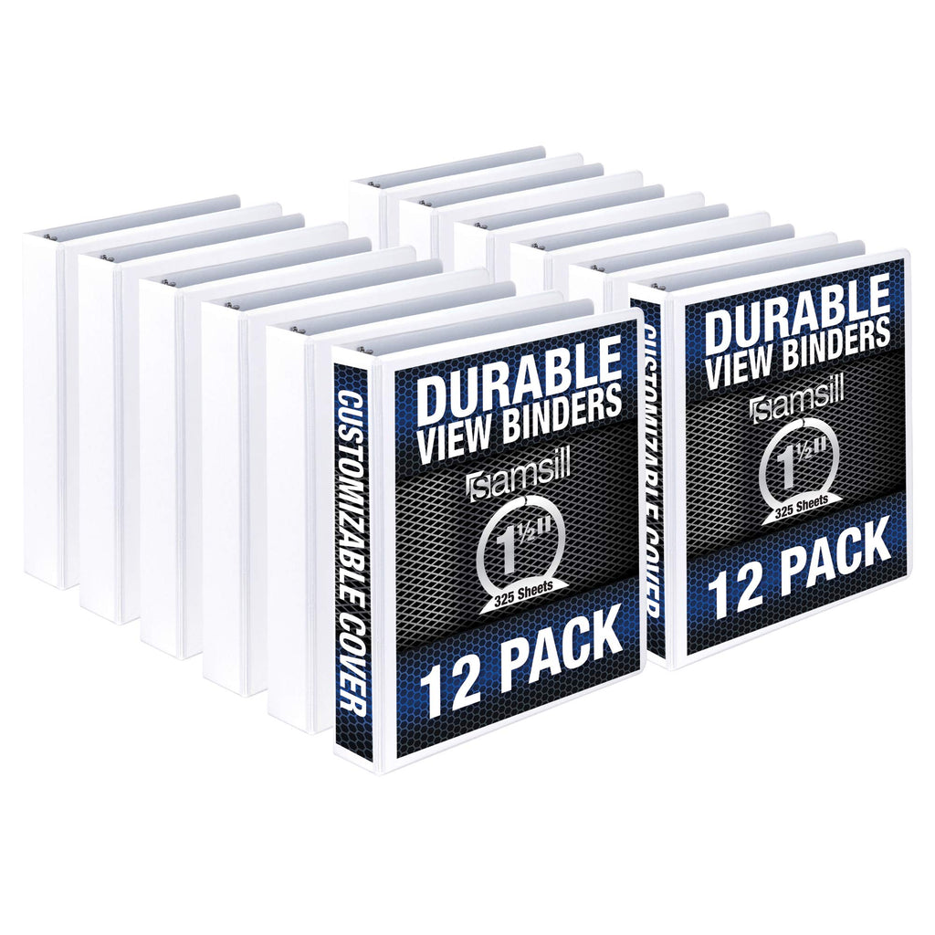Samsill Durable 1.5 Inch Binder, Made In The Usa, Round Ring Customizable Clear View Binder, White, 12 Pack (Mp128457)