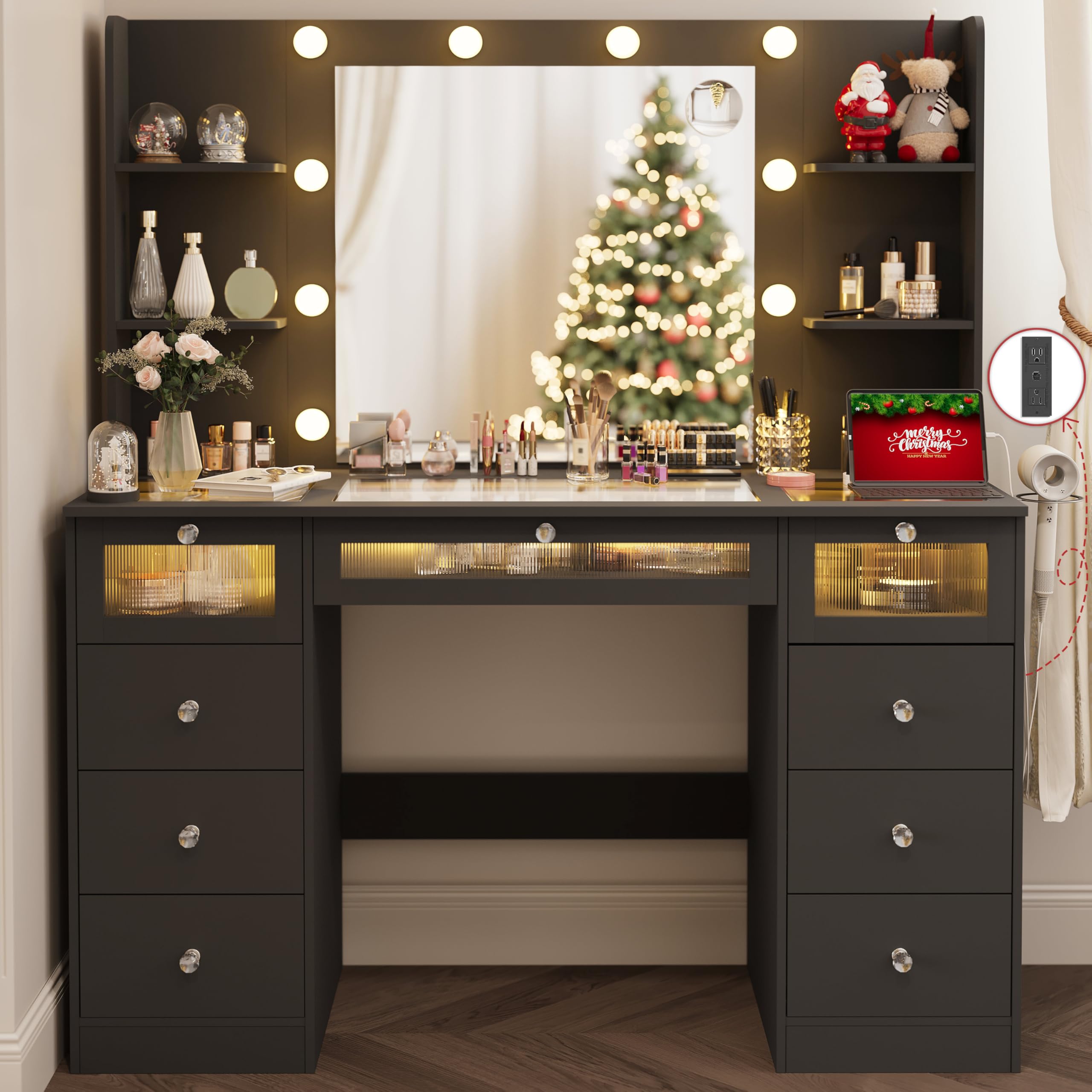 VQRhome Black Vanity with Lighted 23.5    Mirror, Glass Top Vanity Desk with 9 Drawers & 3 Color Hollywood Bulbs & 4 Shelves & A