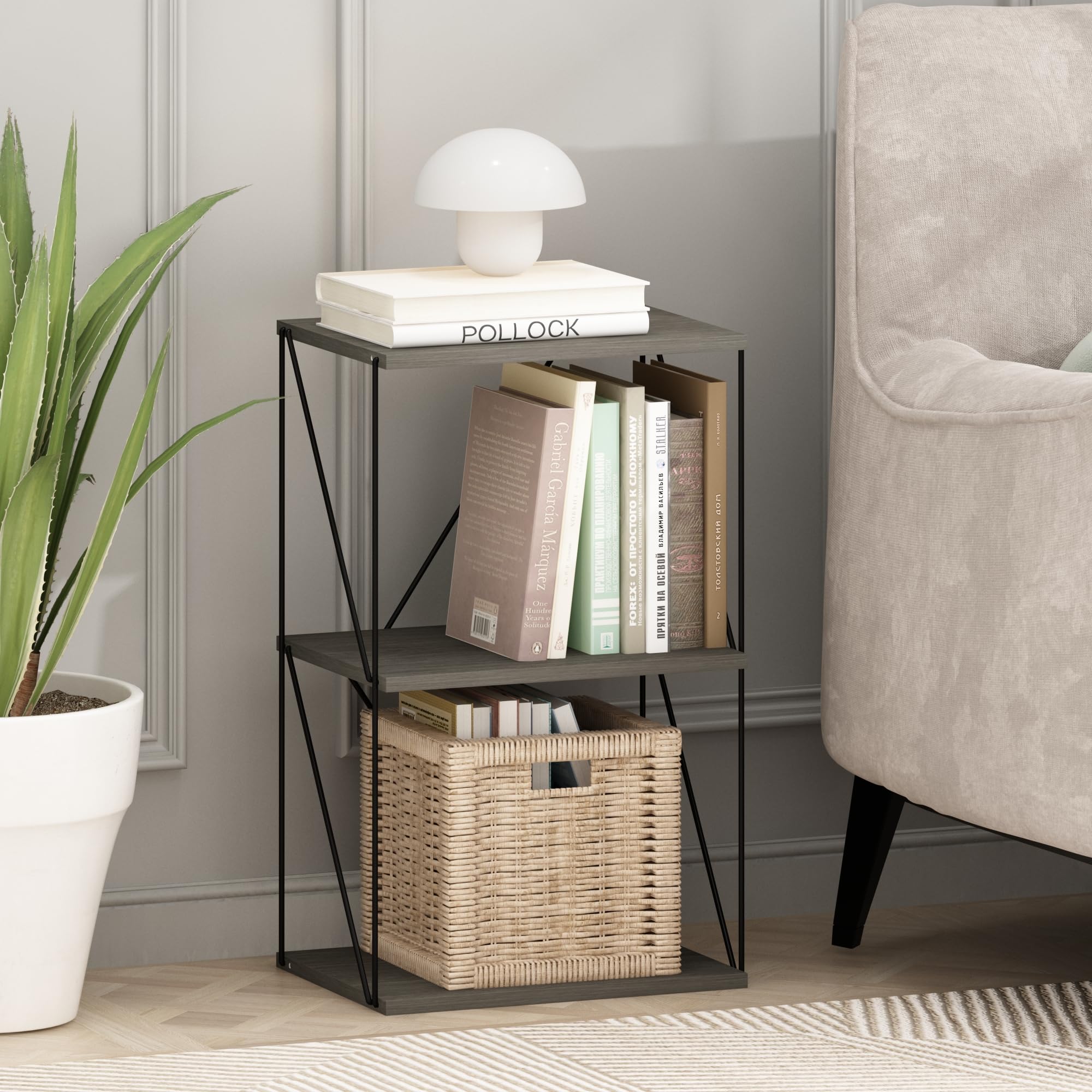 Furinno Rata 3-Tier Industrial Multipurpose Flat Base Shelf Display Rack with Metal Frame, French Oak Grey