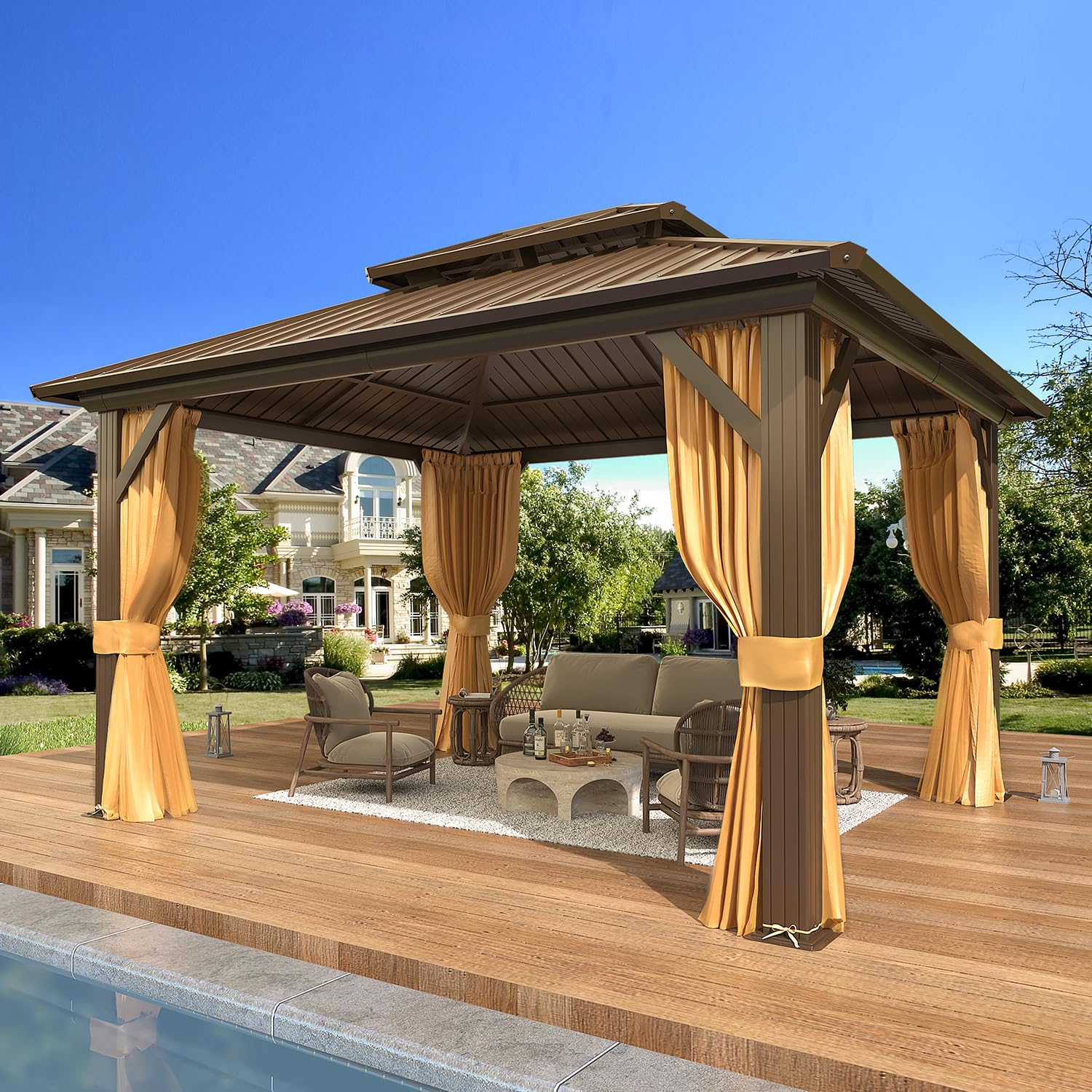Erommy 10' X 12' Hardtop Gazebo, Galvanized Steel Double Roof Gazebo With Aluminum Frame, Permanent Outdoor Metal Pavilion With