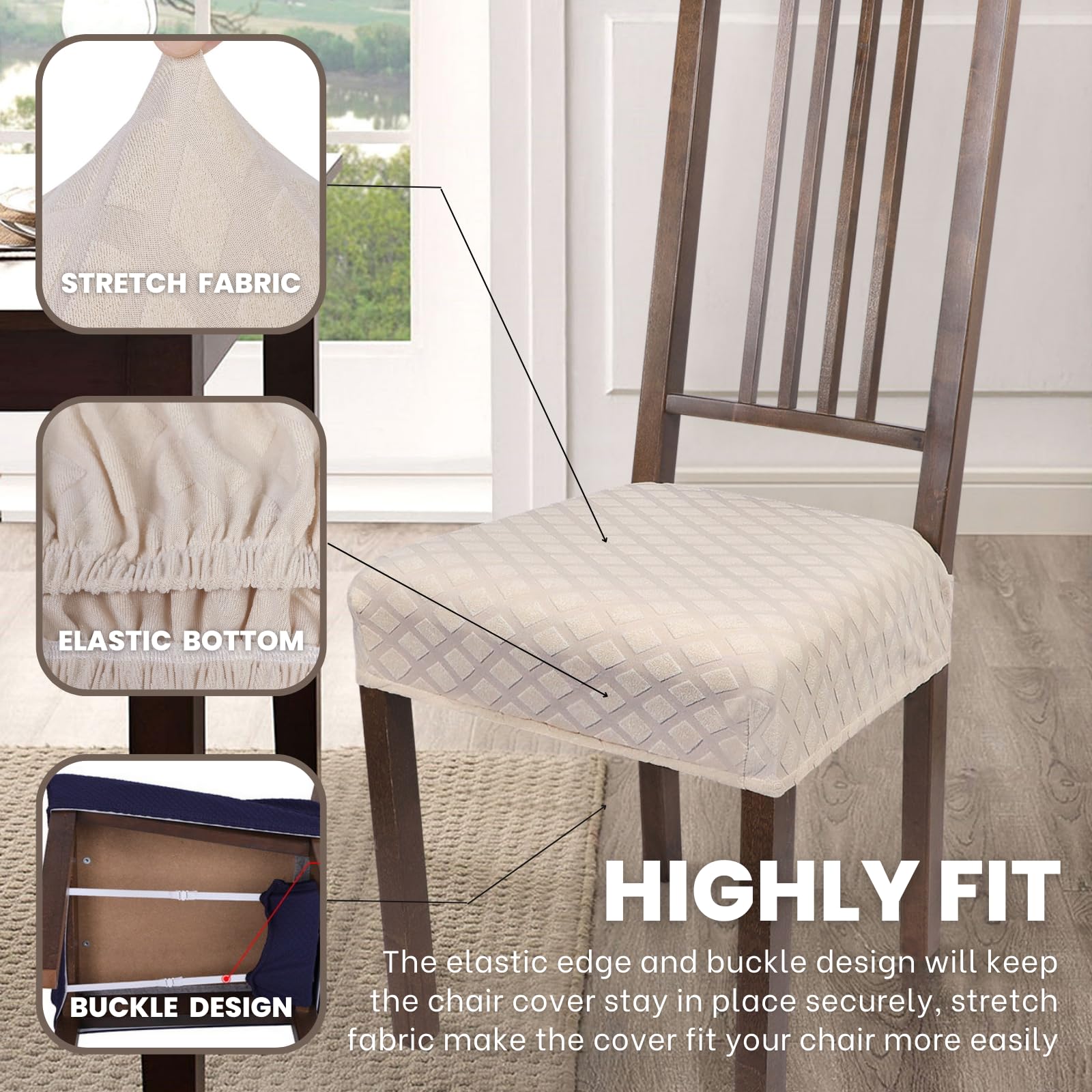 Searchi Stretch Dining Chair Seat Covers Set Of 4, Soft Removable Washable Seat Covers For Dining Chairs, Dining Room Seat Cover Slipcover Protector (Rear-Covered, Beige Diamond Jacquard)