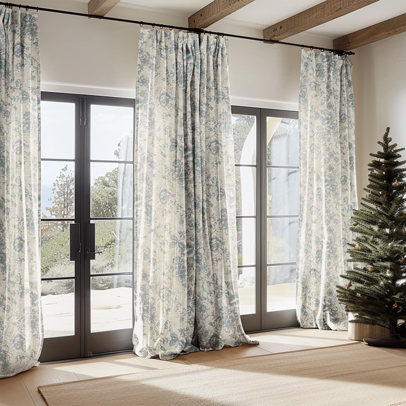 Jinchan Linen Blend Curtains Floral Curtains For Living Room 108 Inch Length Blue Printed Curtains Rod Pocket Back Tab Farmhouse Peony Flower Patterned Drapes Bedroom Window Curtain Set 2 Panels
