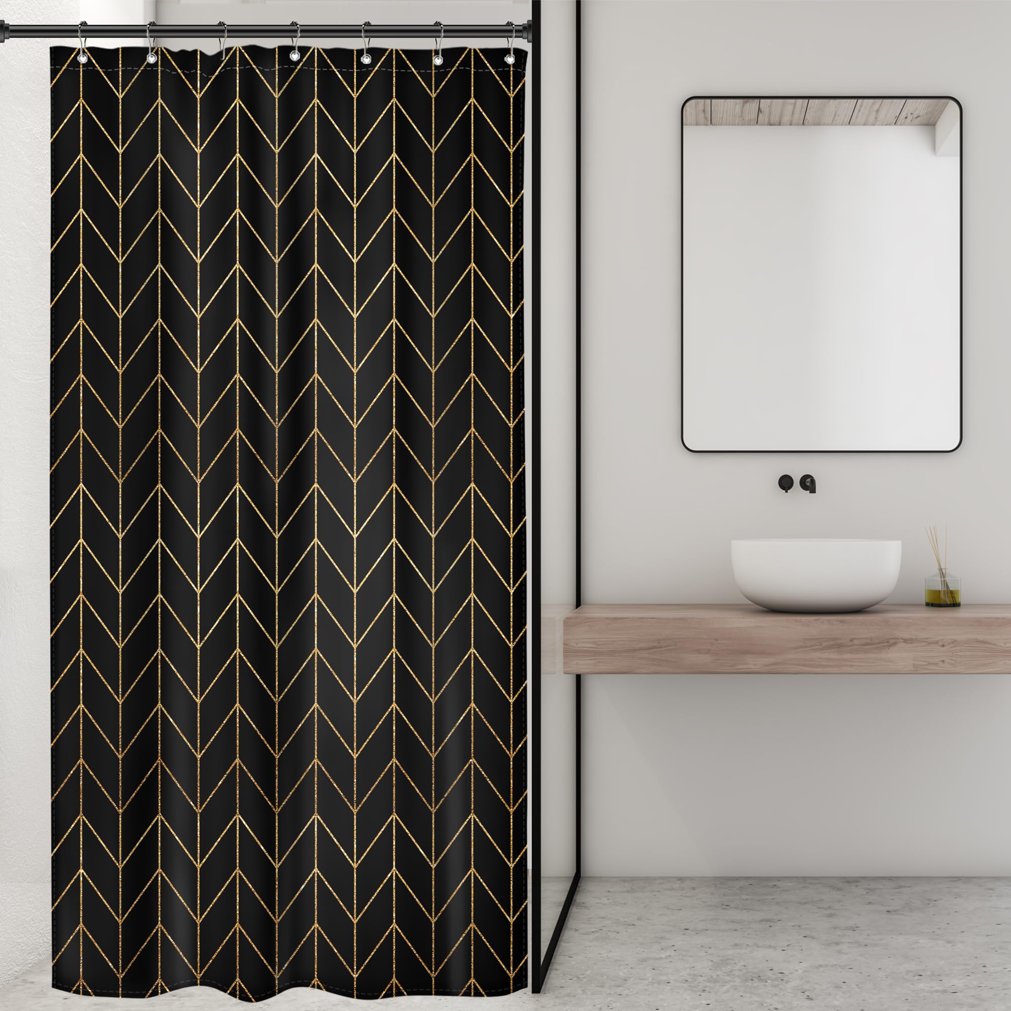 Riyidecor Small Stall Golden Black Chevron Shower Curtain Abstract Boho Herringbone Geometric Simple Striped Minimalist Modern 3