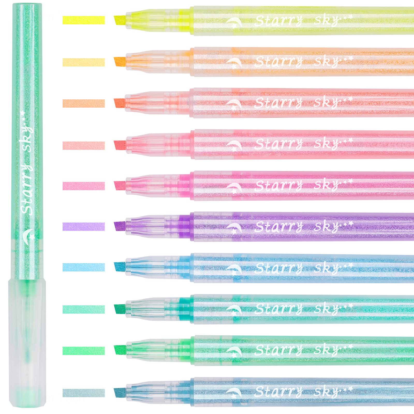 Niart 10-Pack Glitter Marker Highlighter Pens, Chisel Fine Tip Assorted Fluorescent Color For Art Journal Coloring Hand Letterin
