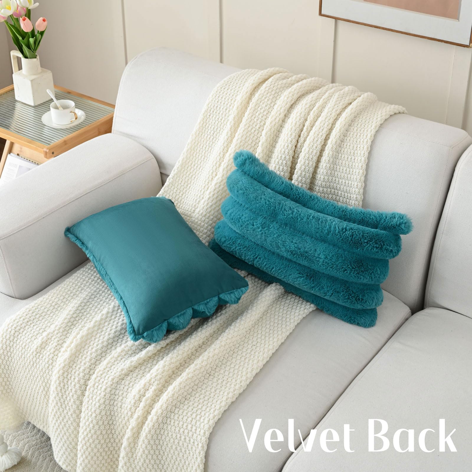 Futei Teal Decorative Throw Pillow Covers 12X20 Inch Set Of 2, Square Soft Faux Rabbit Fur Big Striped Cushion Cover,Home Decor