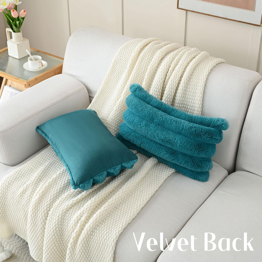 Futei Teal Decorative Throw Pillow Covers 12X20 Inch Set Of 2, Square Soft Faux Rabbit Fur Big Striped Cushion Cover,Home Decor