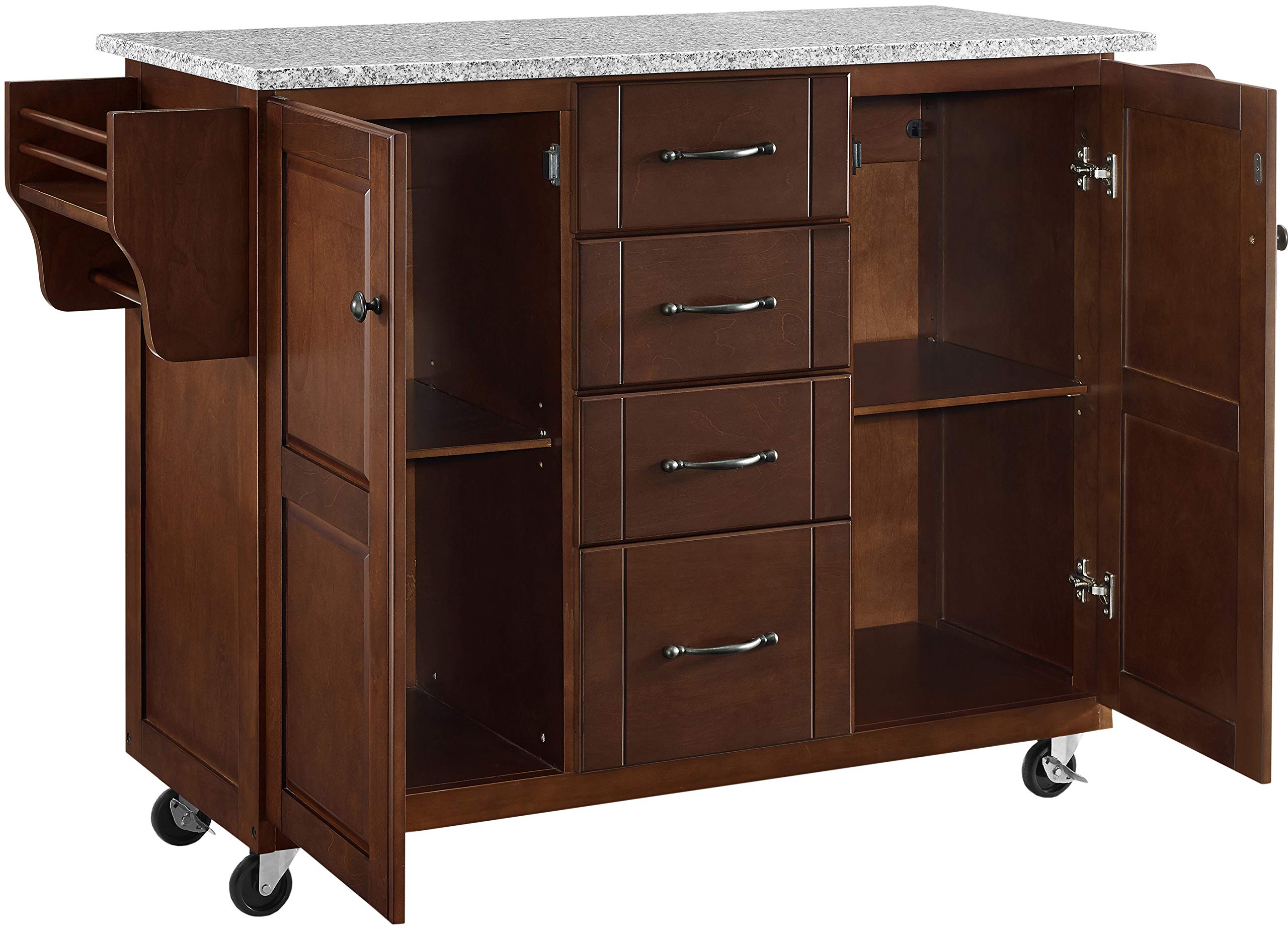 Crosley Furniture Eleanor Granite Top Rolling Cart Kitchen Island Spice Rack, Storage Drawers and Shelves, Mahogany