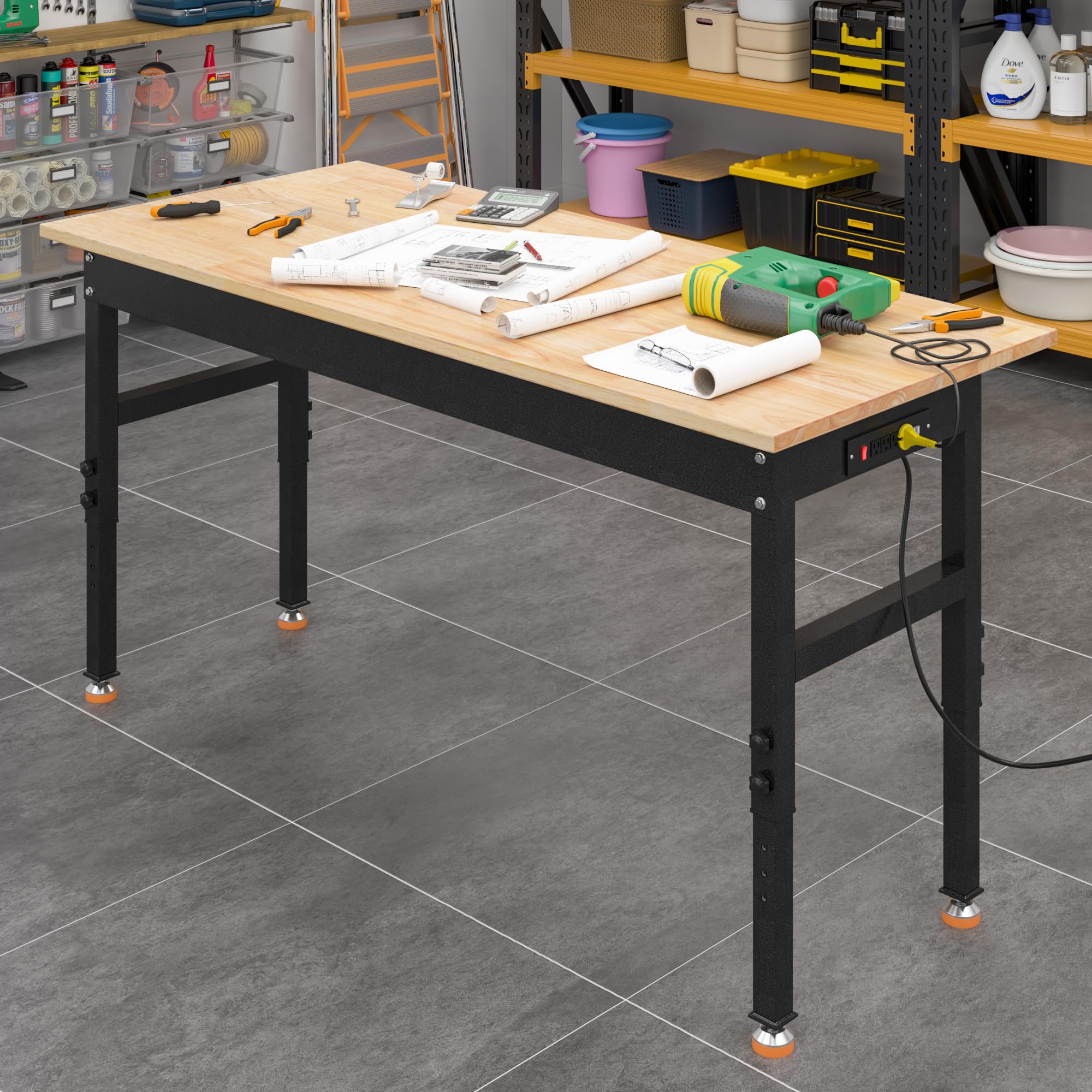 48' Adjustable Work Bench, Rubber Wood Top Workbench Heavy-Duty Work Table With Power Outlet, 2000 Lbs Load Capacity Hardwood Work Benches For Garage, Workshop, Home, Office, Easy Assembly