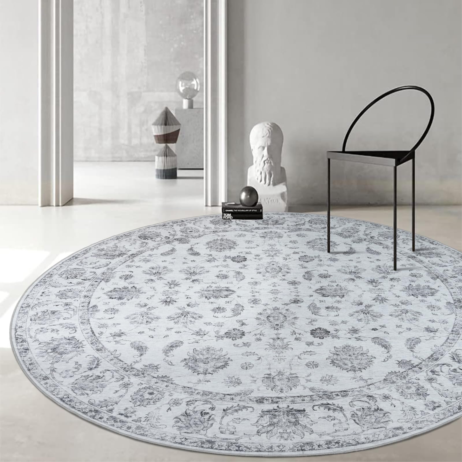 Fortsea Round Rug 6ft Washable Area Rug, Vintage Rug Indoor Floor Cover, Circle Rug 6x6 Chenille Accent Rug, Kitchen Living Room