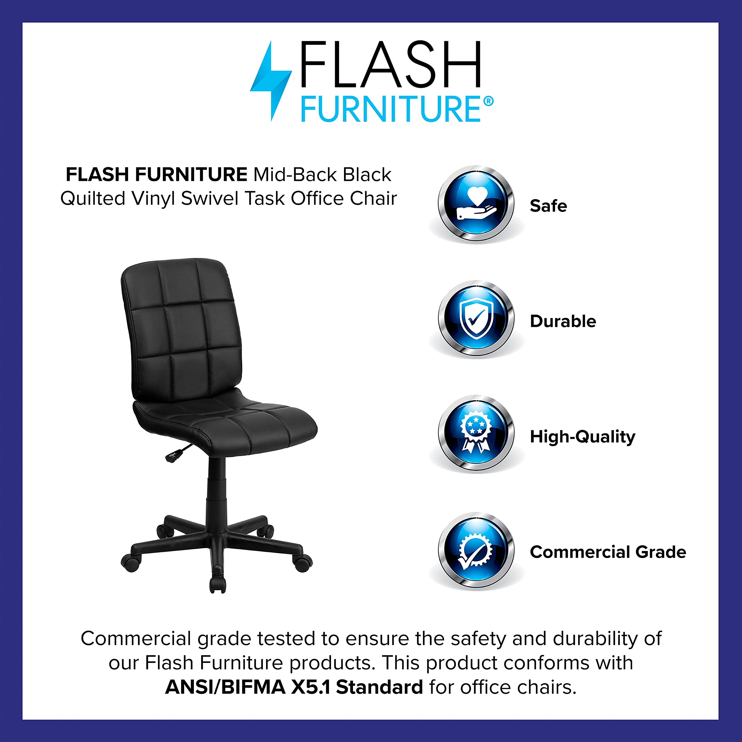Flash Furniture Clayton Mid-Back Tufted Vinyl Upholstered Swivel Desk Chair with Padded Seat, Modern Adjustable Height Padded Office Chair, Black