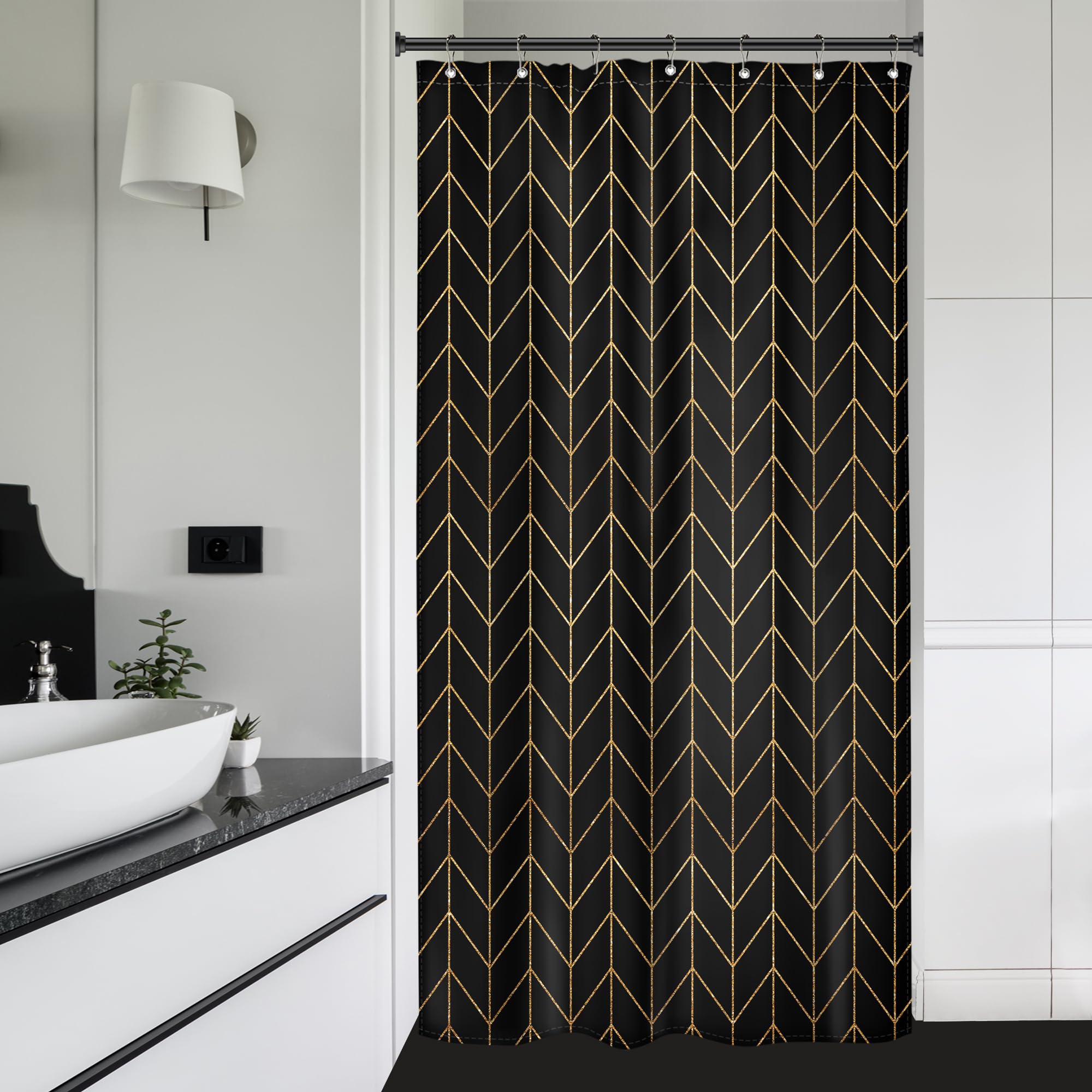 Riyidecor Small Stall Golden Black Chevron Shower Curtain Abstract Boho Herringbone Geometric Simple Striped Minimalist Modern 3