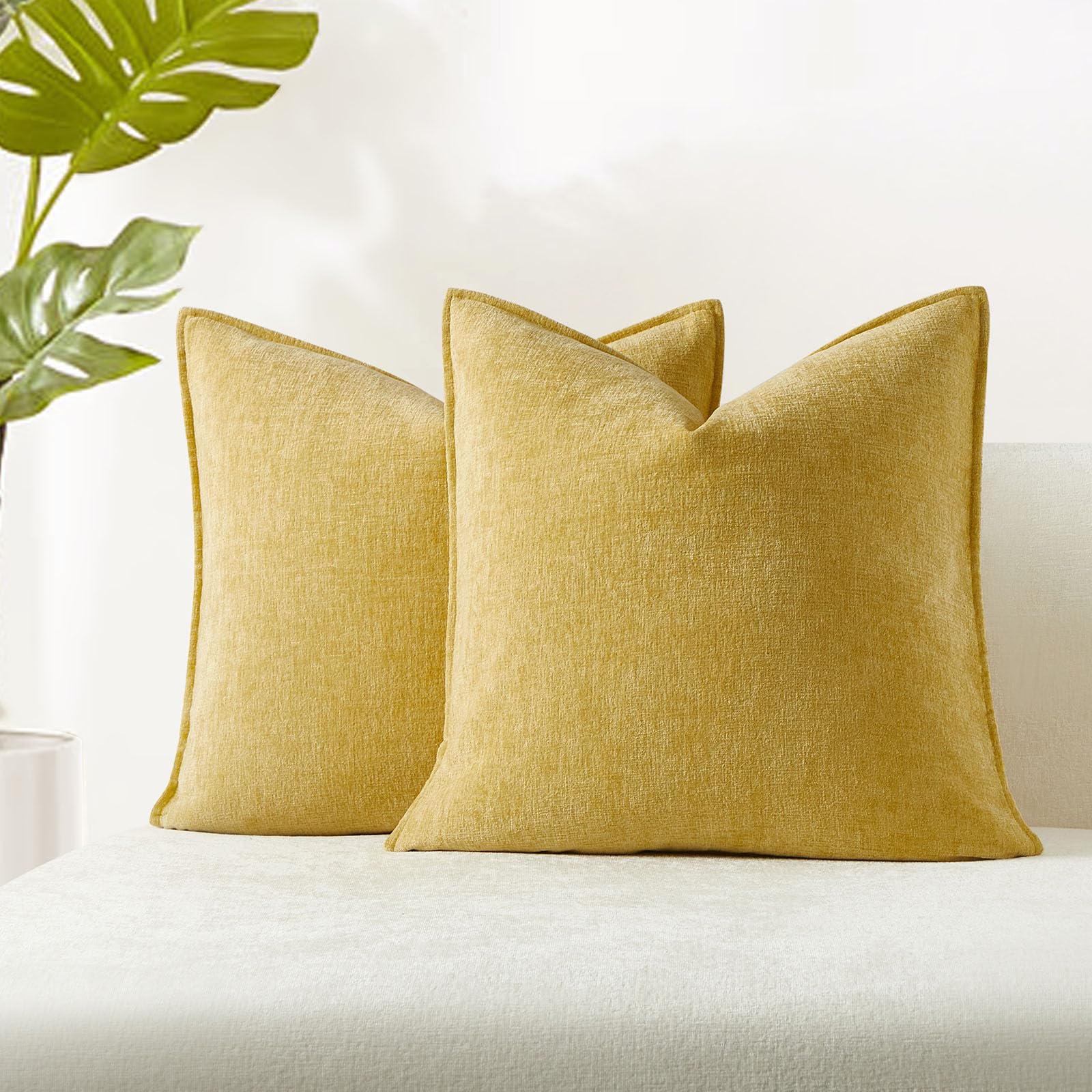 Juspurbet Set Of 2 Yellow Chenille Throw Pillow Covers 16X16 Inch Soft Textured Decorative Cushion Cases For Couch Sofa Bed Soli
