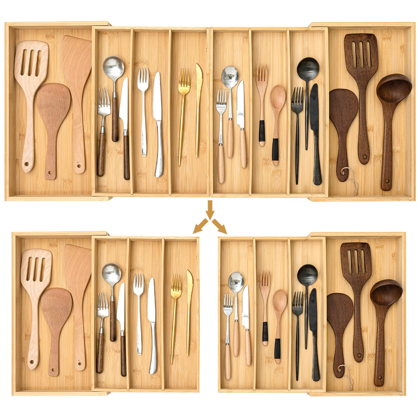 Kathfly Extra Large Drawer Organizer Kitchen Utensils Expandable 21.4 To 36 Inches Wid, Adjustable Bamboo Silverware Tray Cutler