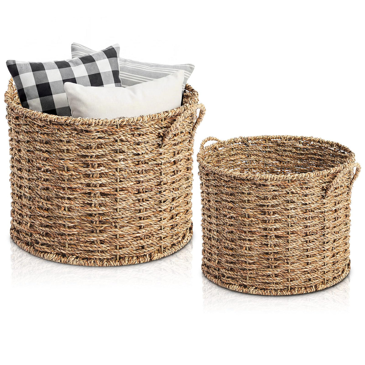 Mifoci 2 Pack Round Woven Wicker Rattan Blanket Basket with Handles 12 x 9.4 Inch and 11 x 8.6 Inch Large Floor Storage Basket N