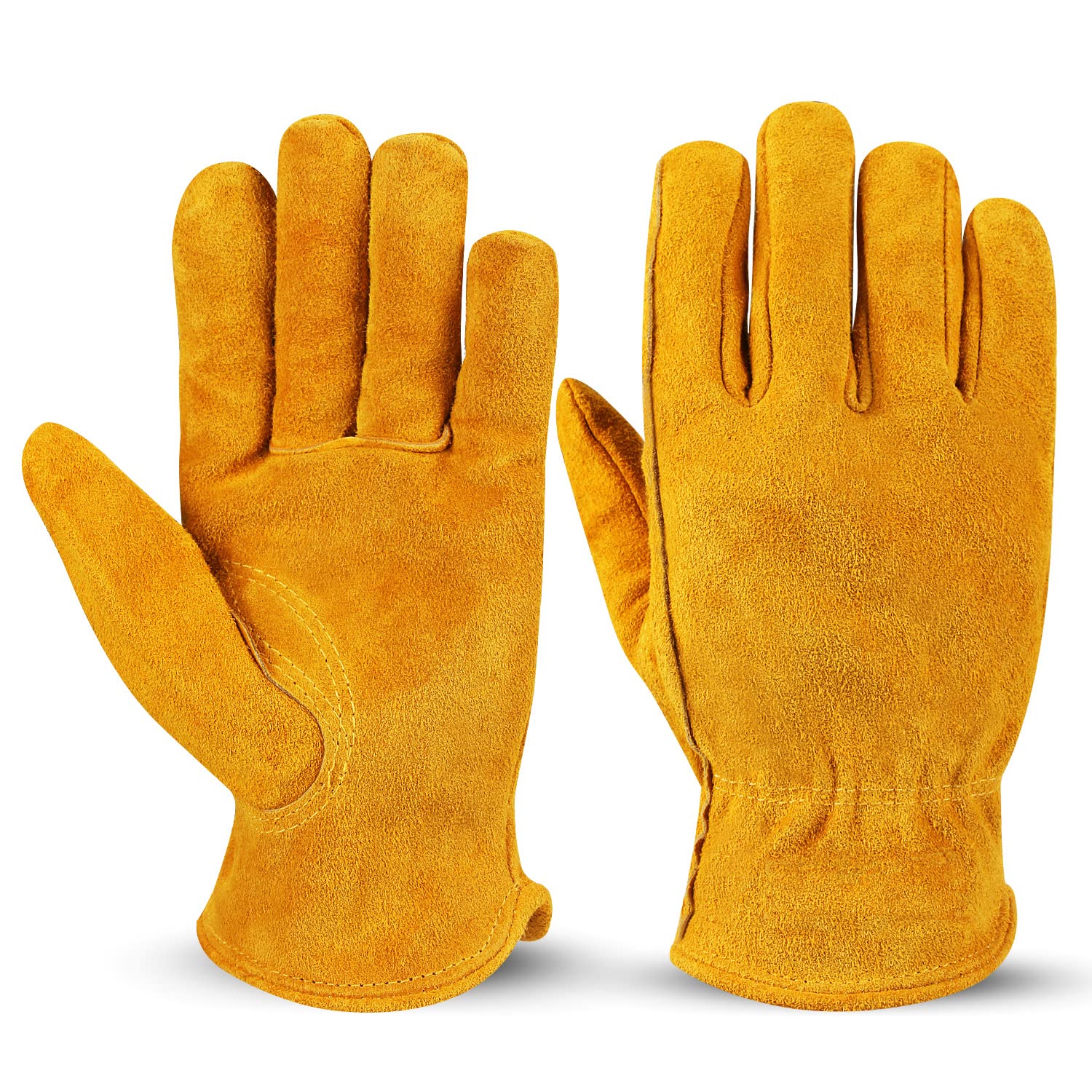Ozero Leather Work Gloves Flex Grip Tough Cowhide Gardening Glove For Men And Women (Medium, Gold With Mesh Linning)