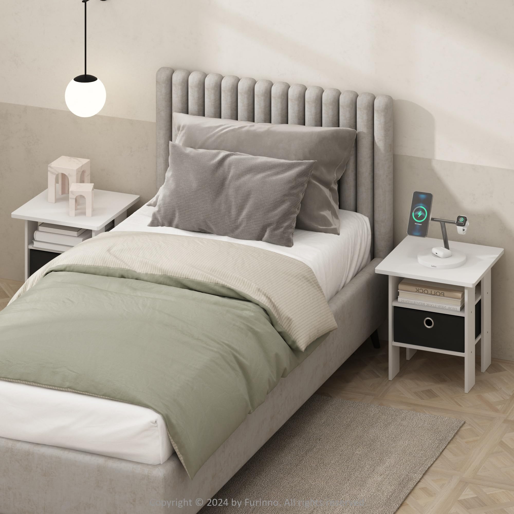 Furinno Tidur Bedside Table Nightstand With Bin Drawer, White/Black, Set Of 2