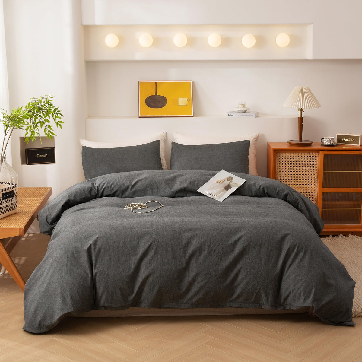 Ecocott Grey Duvet Cover Oversized Queen Size, 100% Washed Cotton 3-Piece Bedding Set - Ultra Soft, Breathable & Easy Care With