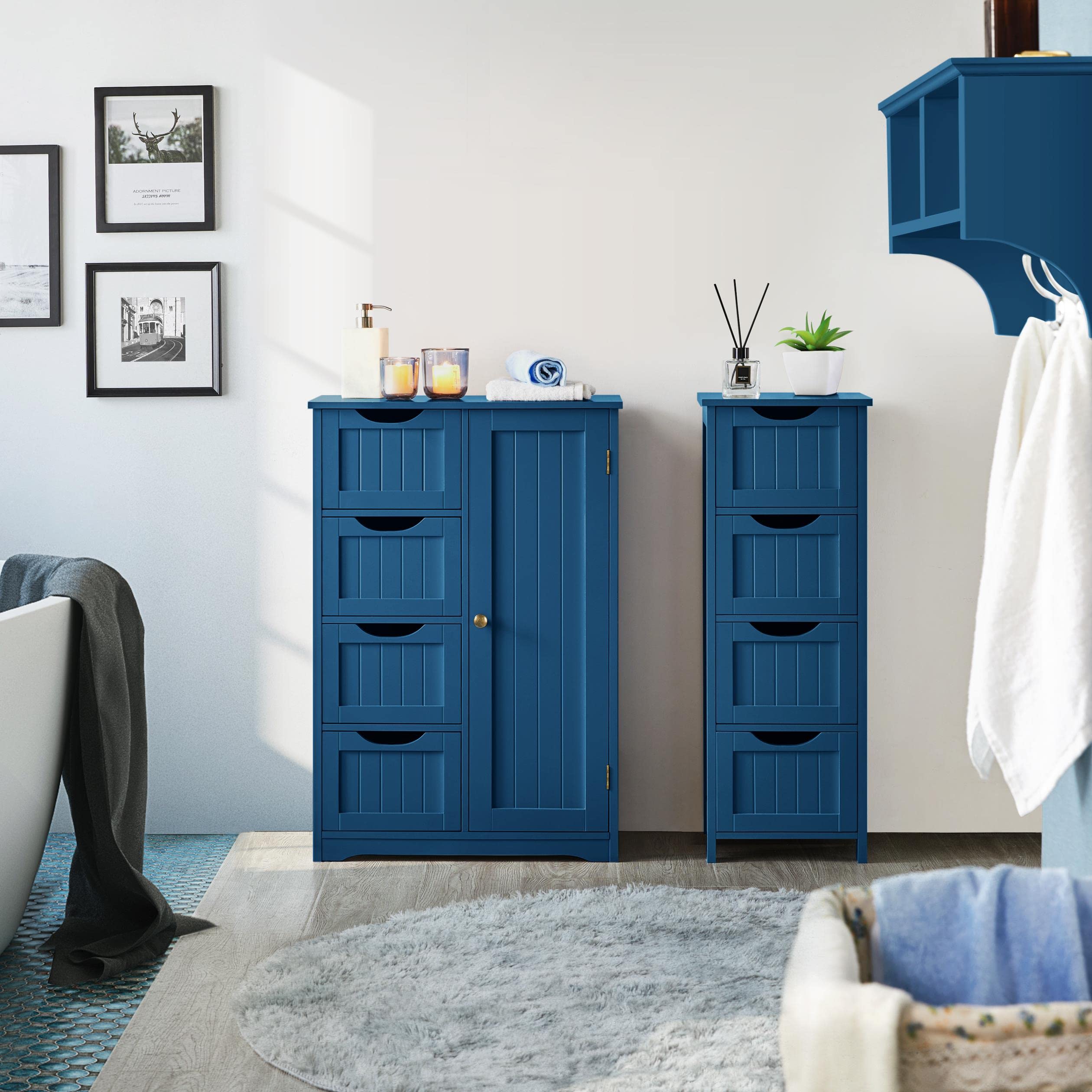 Yaheetech Wooden Bathroom Floor Cabinet, Side Storage Organizer Cabinet With 4 Drawers And 1 Cupboard, Freestanding Entryway Storage Unit Console Table, Bathroom Furniture Home Decor, Navy Blue