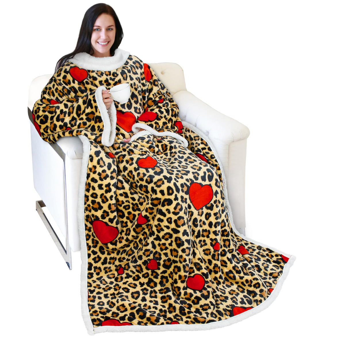 Catalonia Leopard Sherpa Wearable Blanket With Sleeves Arms, Comfy Sleeved Tv Wrap Blanket, Large Snuggly Throw For Women And Me