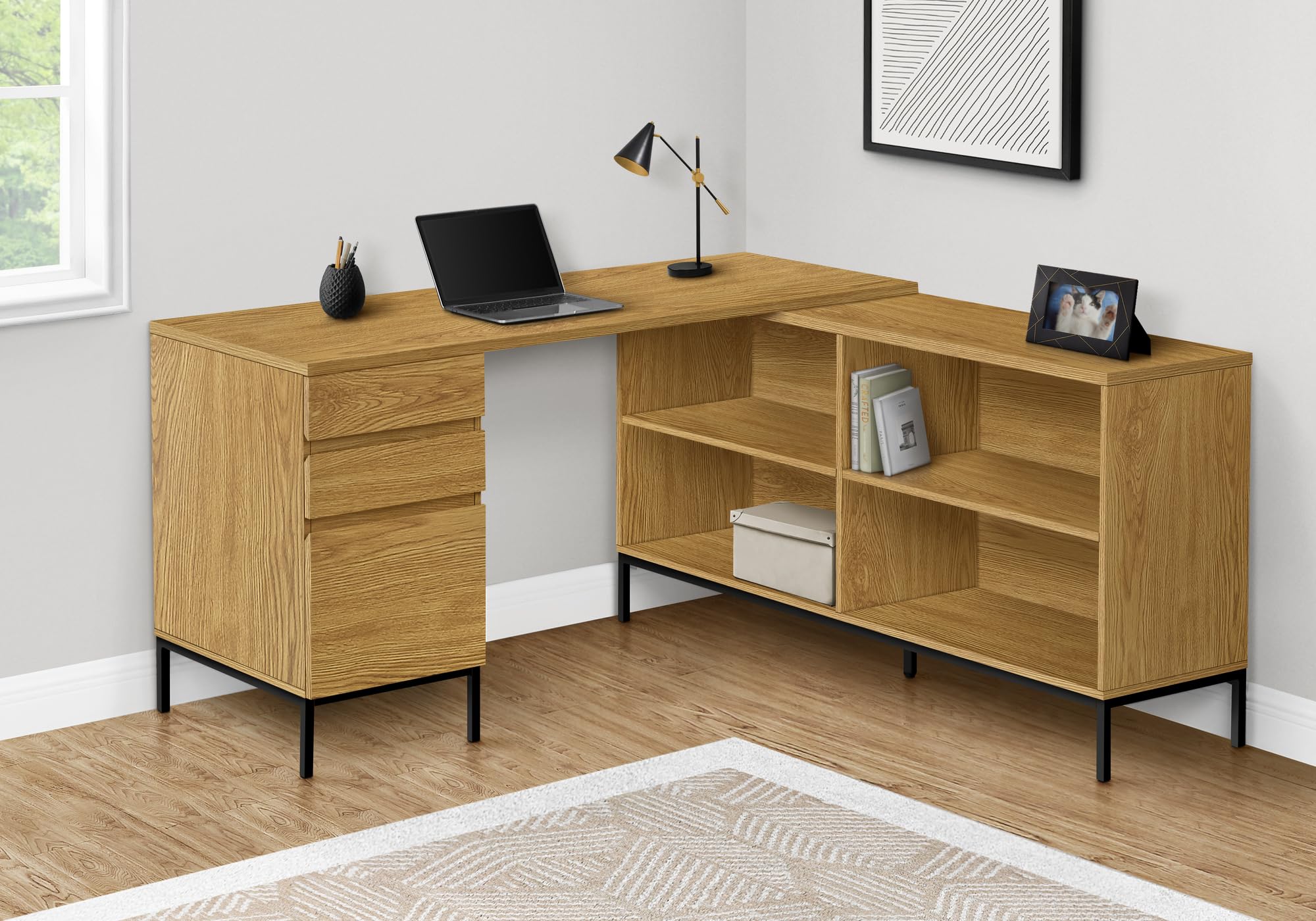 Monarch Specialties 7491 Computer Desk, Home Office, Corner, Storage Drawers, 60&Quot; Shape, Work, Laptop, Metal, Laminate, Brown, Black, Contemporary, Modern Desk-60 L Light Oak, 60&Quot; L X 60&Quot; W X 31&Quot; H
