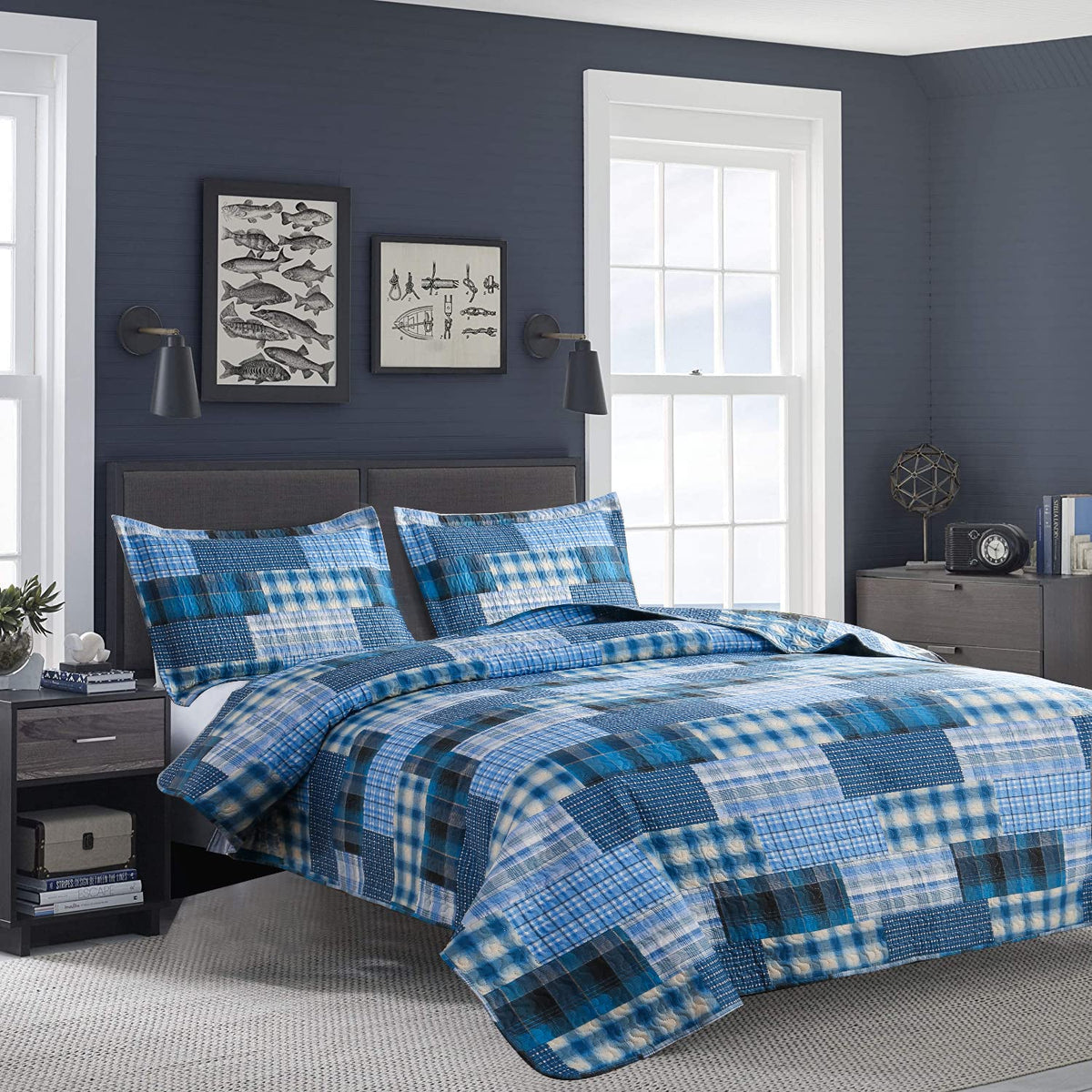 Quilt Set Queen Size Bedspread Coverlet Blue Plaid Patchwork Quilt Bedding Mens Boys Quilts Queen Bed Home Reversible Quilt Beds