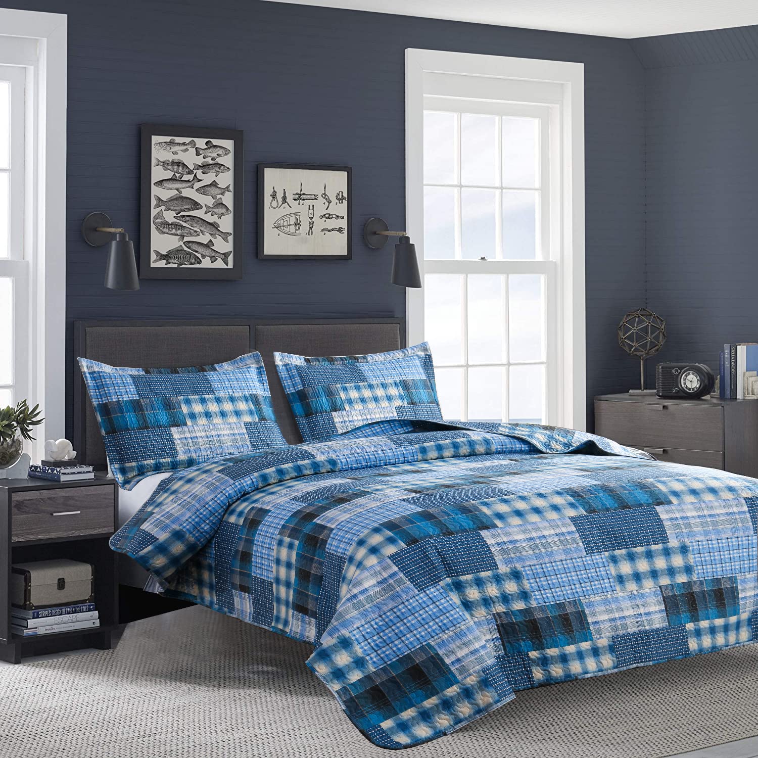 Quilt Set Queen Size Bedspread Coverlet Blue Plaid Patchwork Quilt Bedding Mens Boys Quilts Queen Bed Home Reversible Quilt Beds