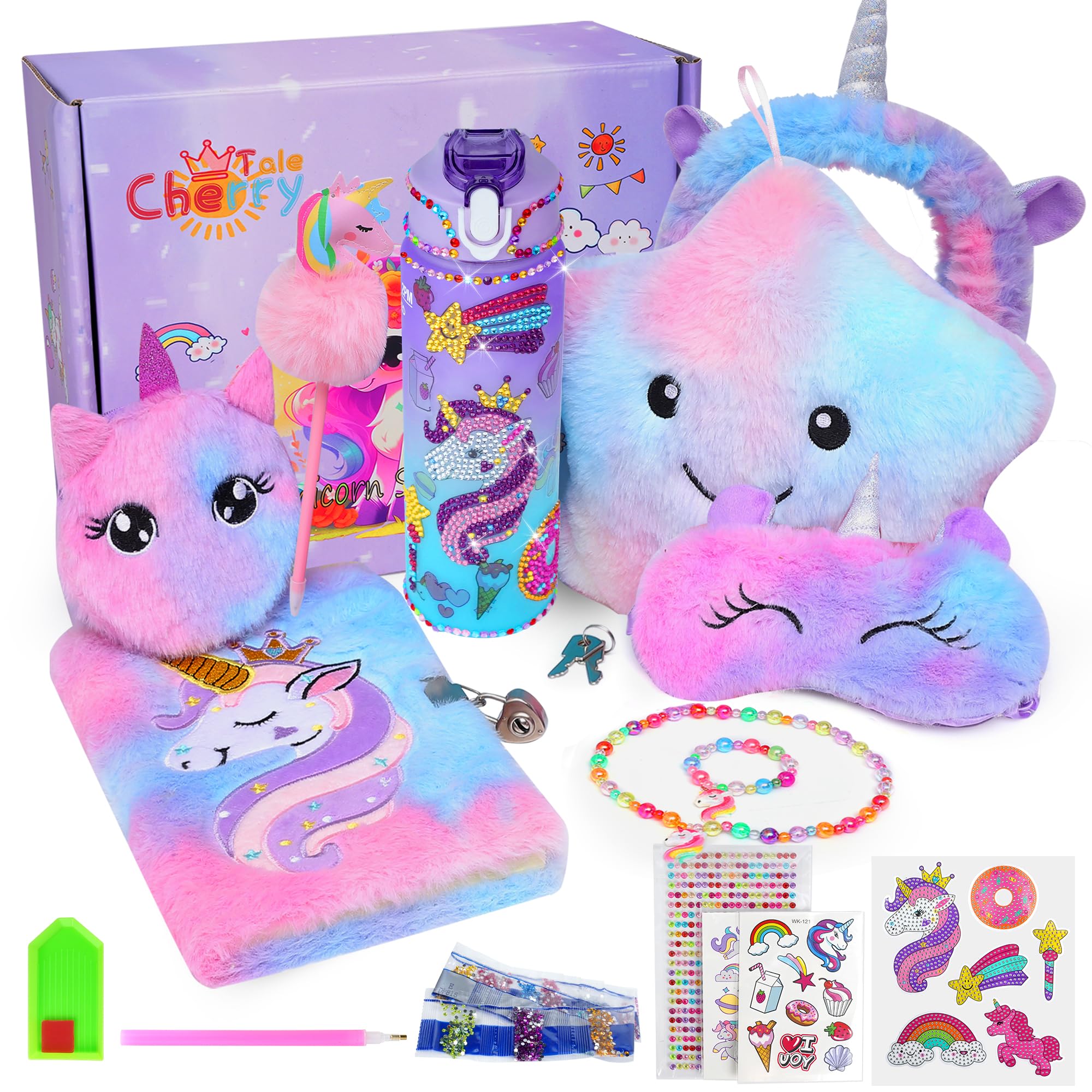 Cherry Tale Unicorn Gifts For Girls Age 4 5 6 7 8 9 10, Girls Unicorn Birthday Gifts Set With Light Up Star Pillow Diary Plush D