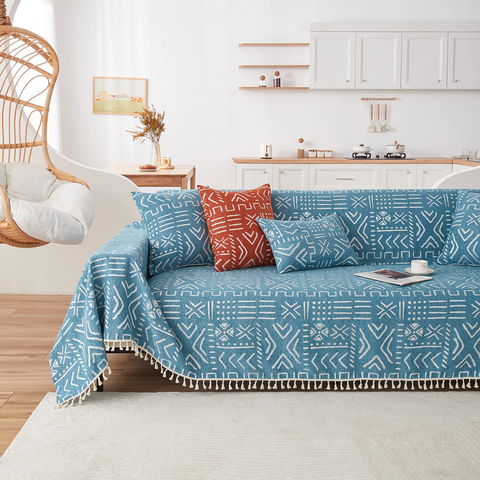 Handontime Turquoise Couch Protector For Dogs Boho Tassel Blue Couch Cover Farmhouse Sofa Covers Aztec Tribal Couch Covers For 3 Cushion Couch Sofa Universal Sofa Slipcover For Home Décor, 71' X134'
