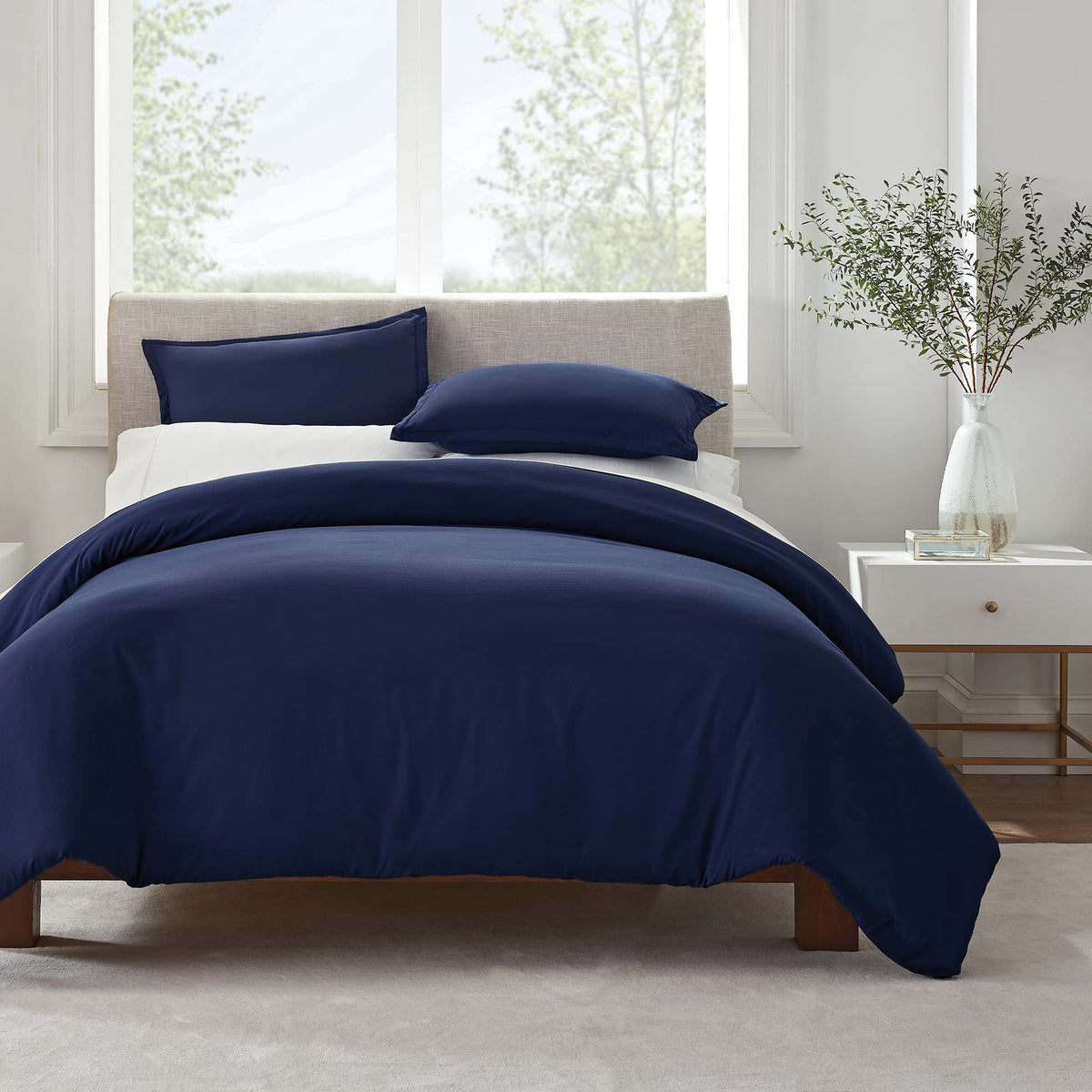 Serta Simply Clean Ultra Soft Hypoallergenic Stain Resistant 2 Piece Solid Duvet Cover Set, Navy, Twin/Twin Xl