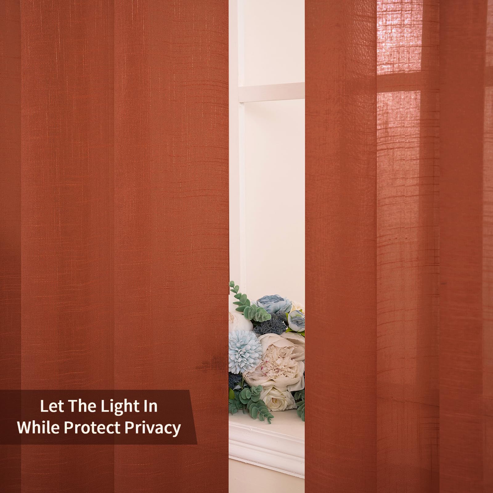Miulee Burnt Orange 2 Panels 90 Inch Long Farmhouse Linen Sheer Window Curtains Elegant Terracotta Rust Fall Drapes Grommet Top