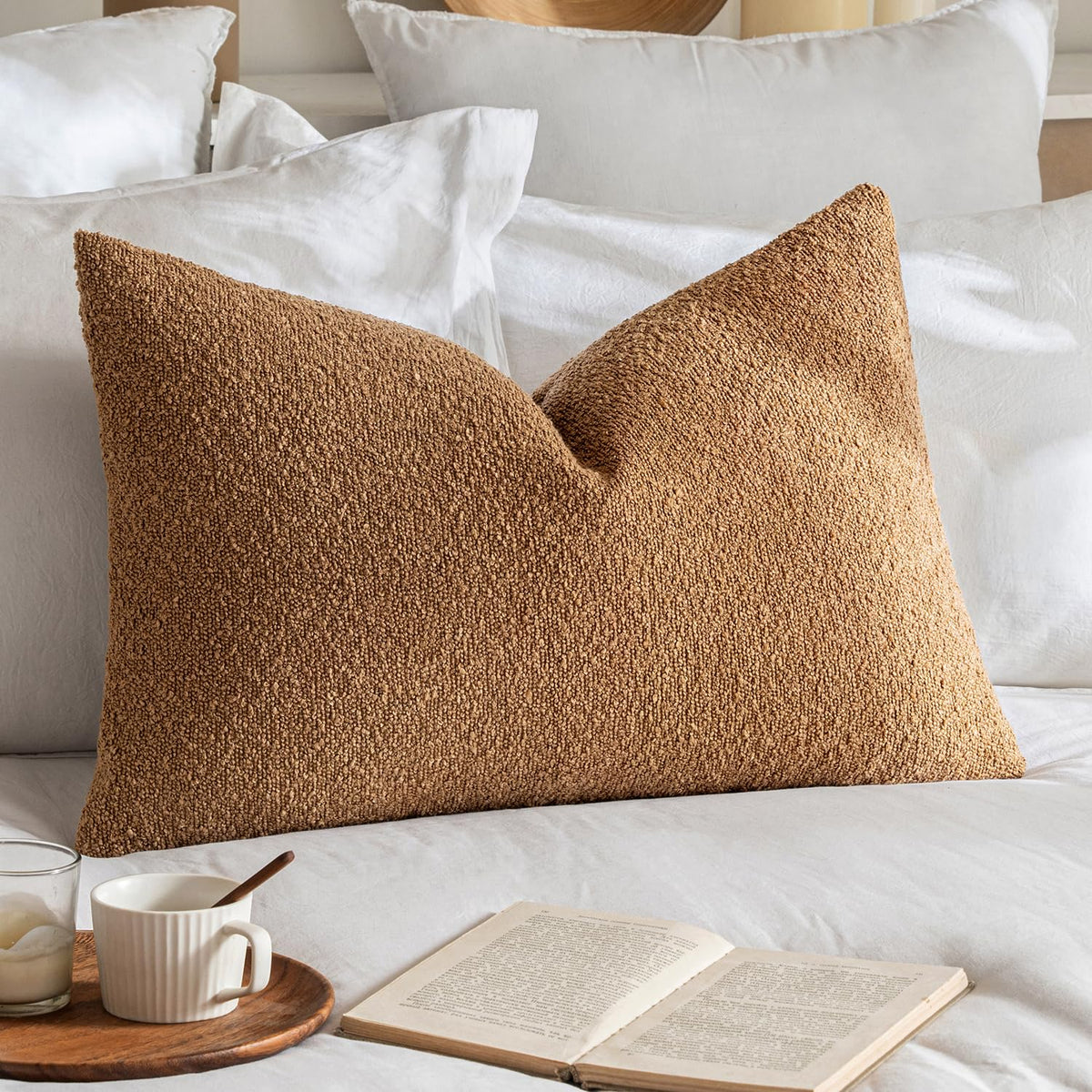 Miulee Pack Of 1 Brown Boucle Throw Pillow Cover 16X24 Inch Decorative Couch Pillow Cover Textured Accent Solid Pillow Case Soft