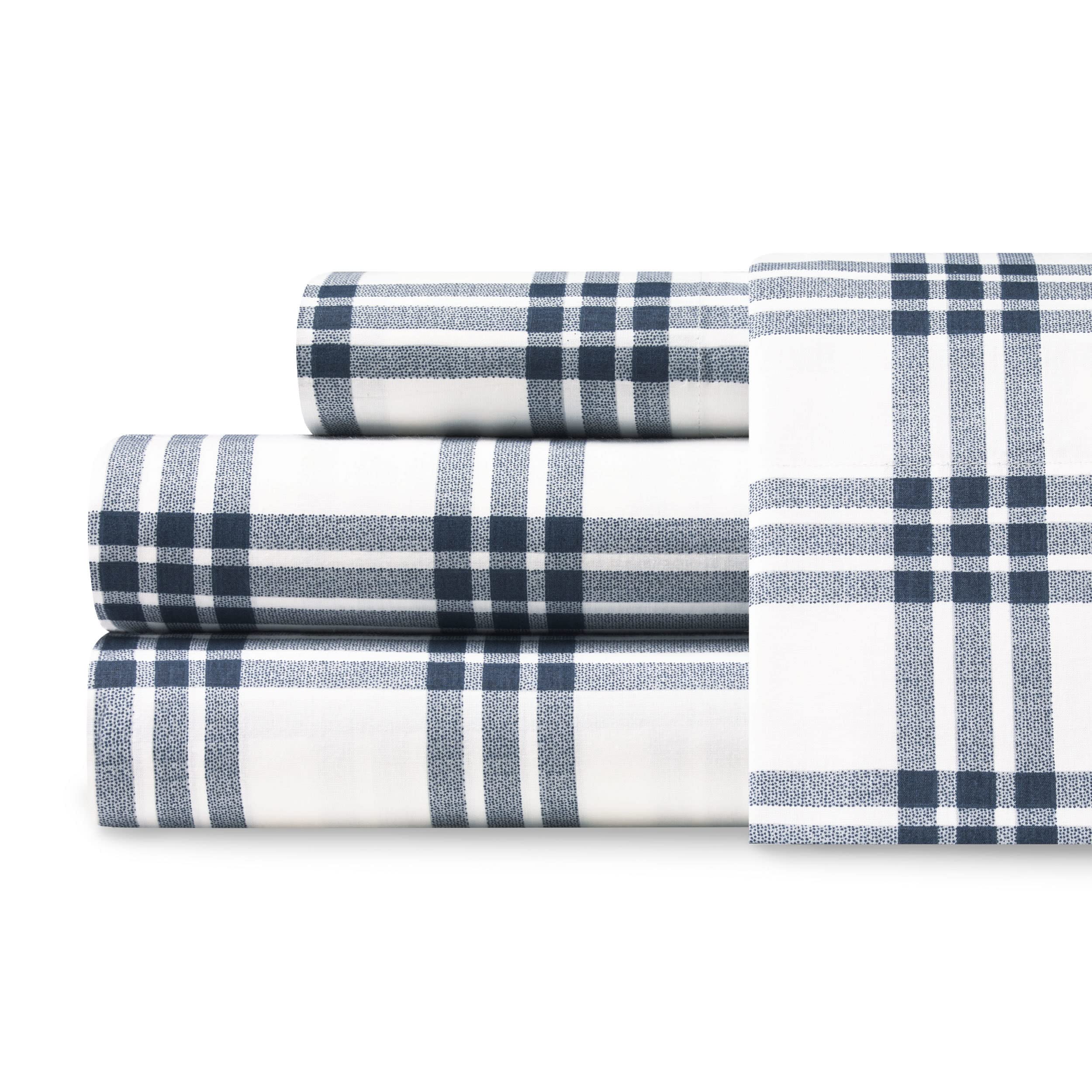 Eddie Bauer - King Sheets, Cotton Percale Bedding Set, Crisp & Cool Home Decor (Navy Plaid,4 Pcs, King)